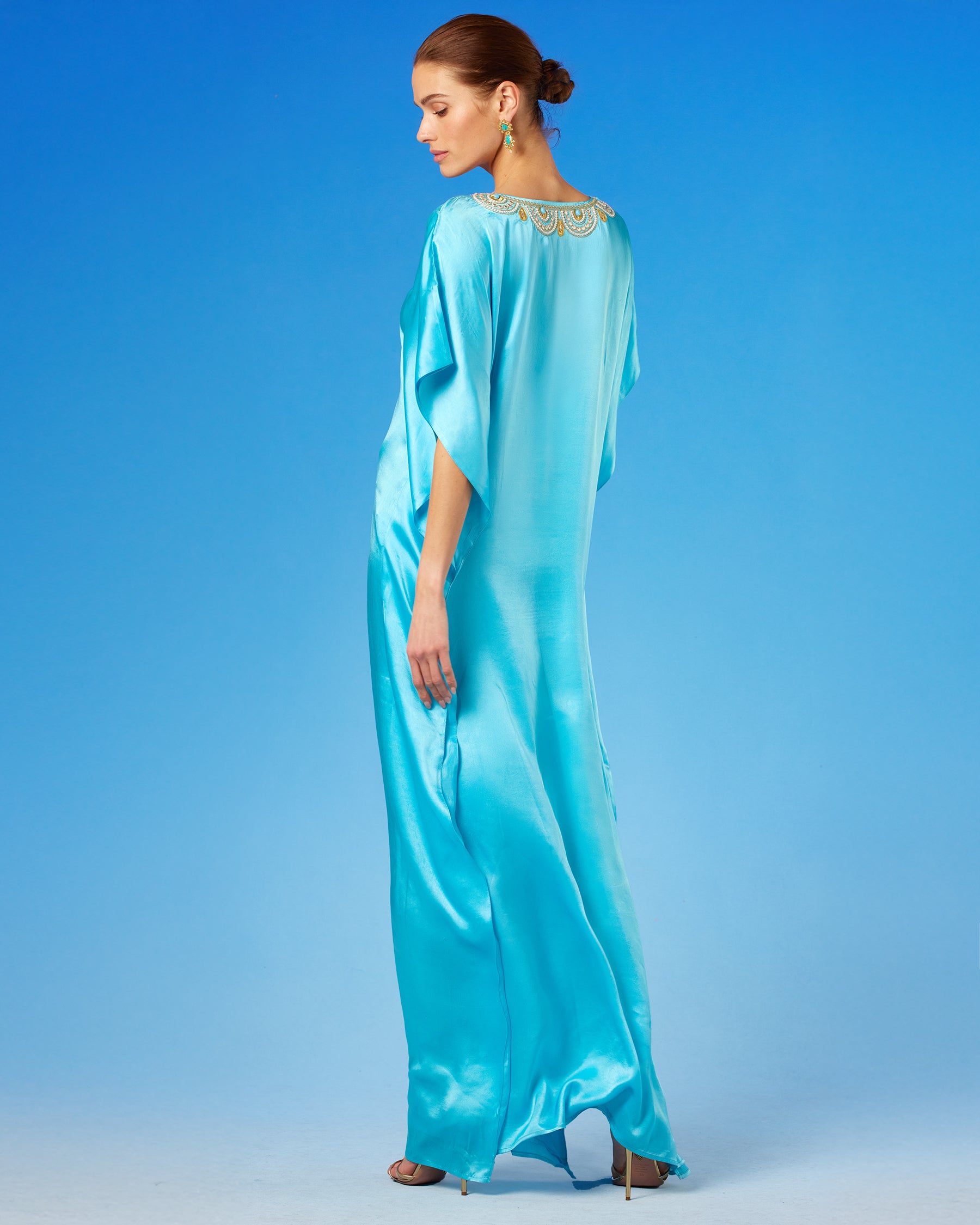 Noor Silk Kaftan in Turquoise back view