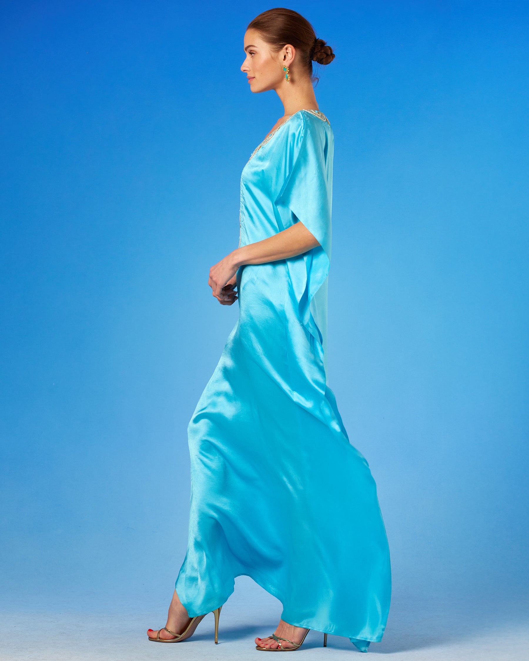 Noor Silk Kaftan in Turquoise side view