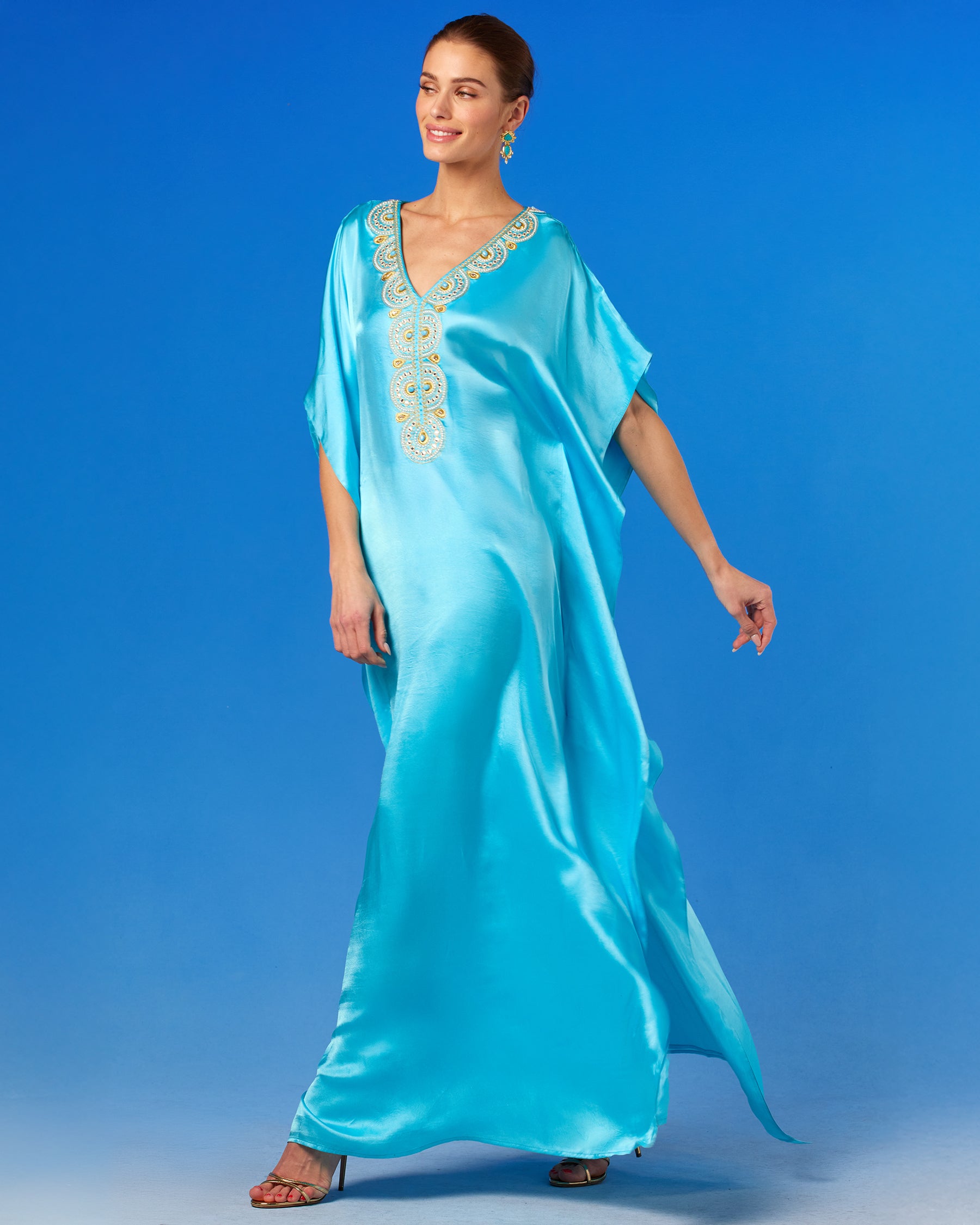 Noor Silk Kaftan in Turquoise front view