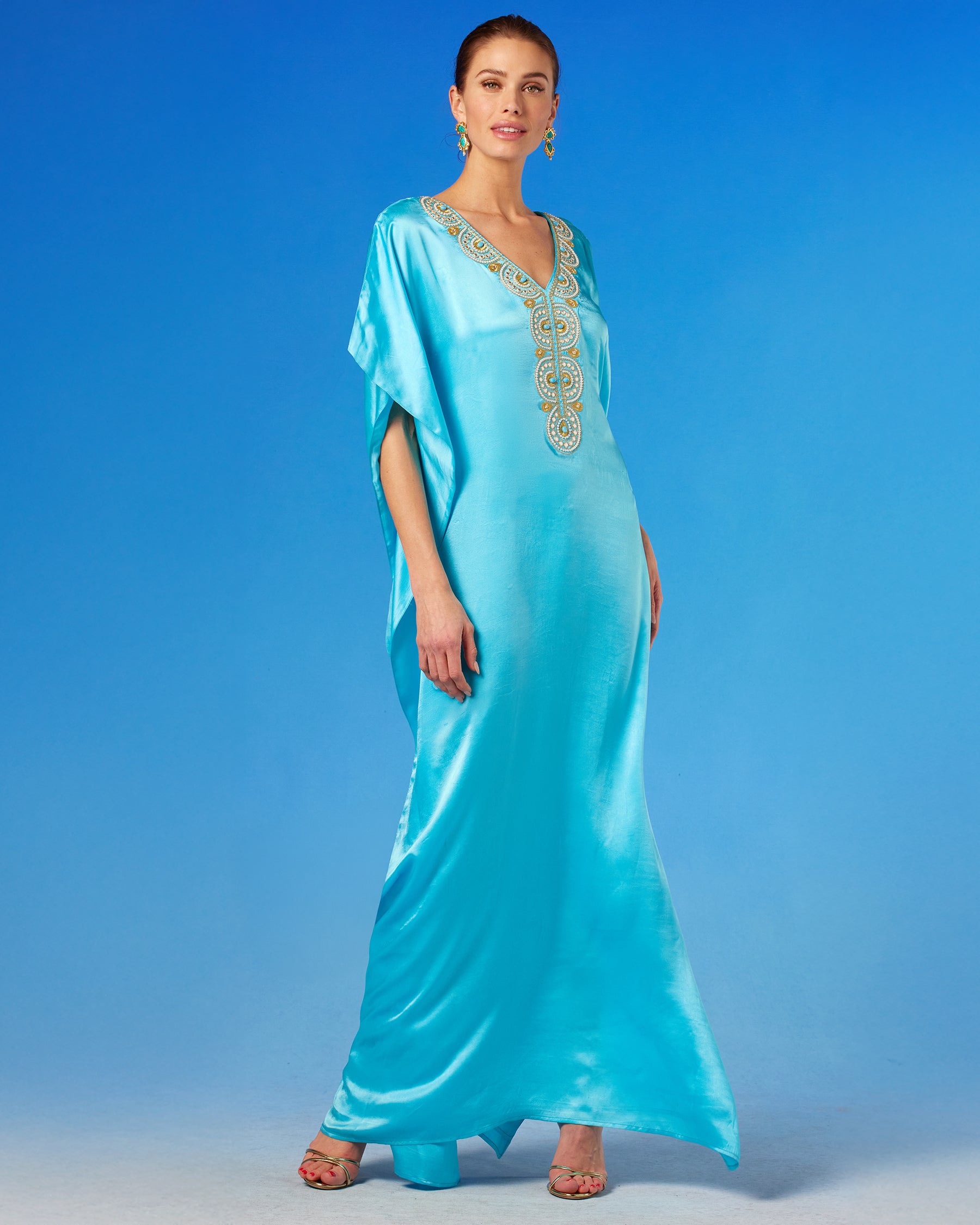 Noor Silk Kaftan in Turquoise front view