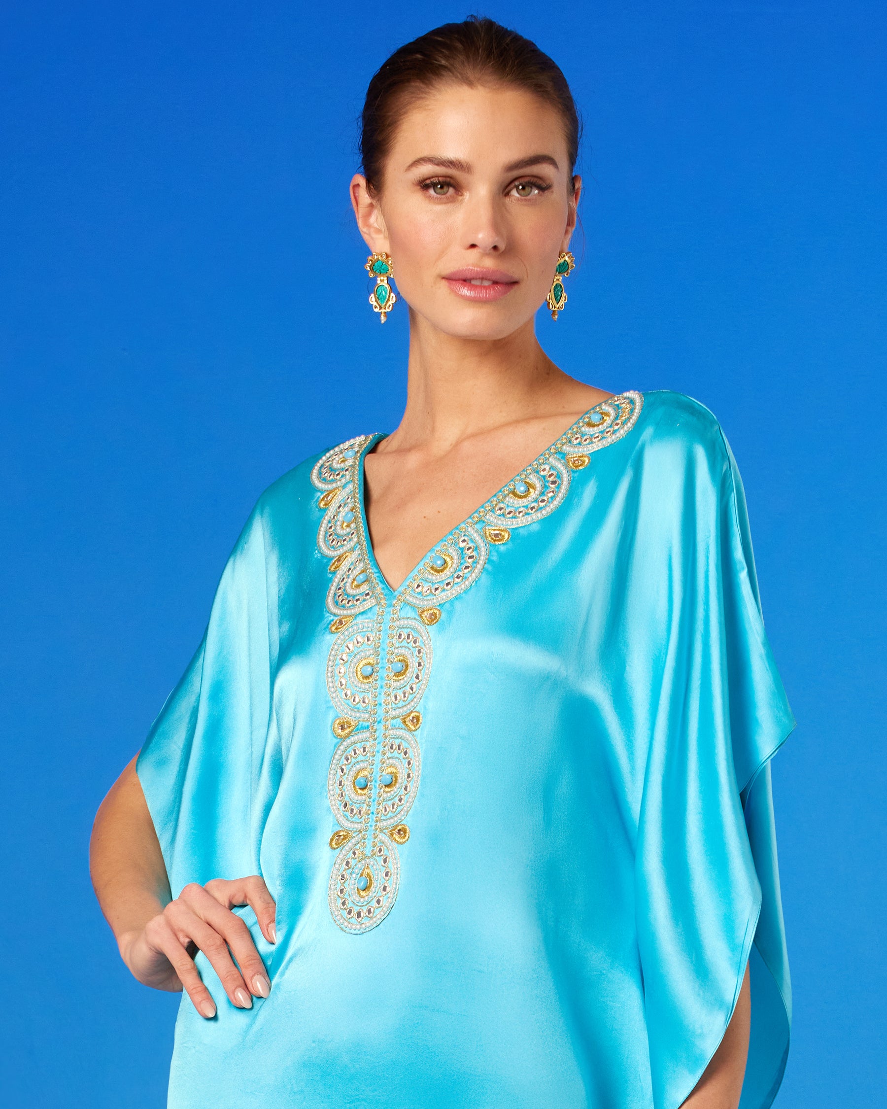Noor Silk Kaftan in Turquoise closeup
