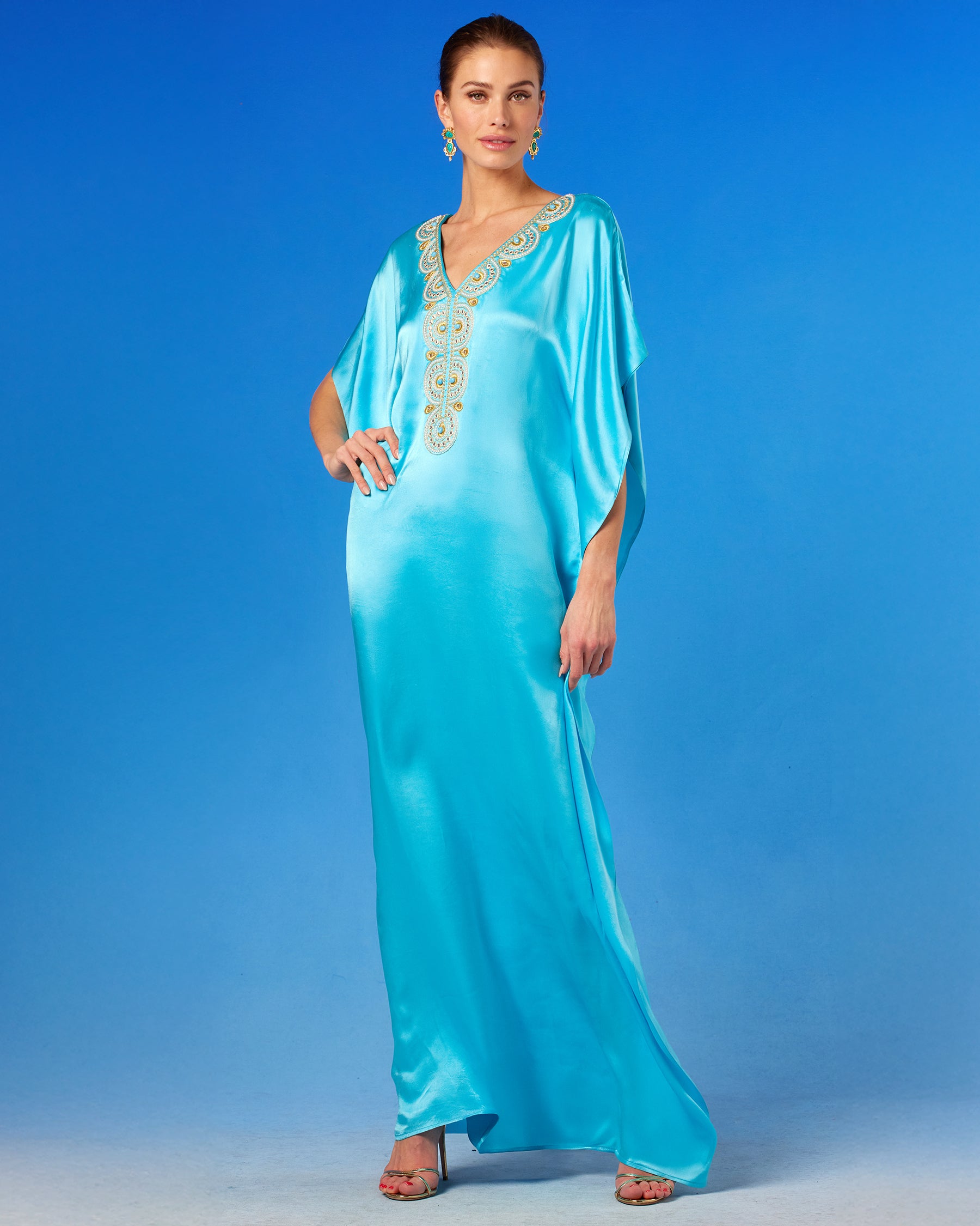 Noor Silk Kaftan in Turquoise front view