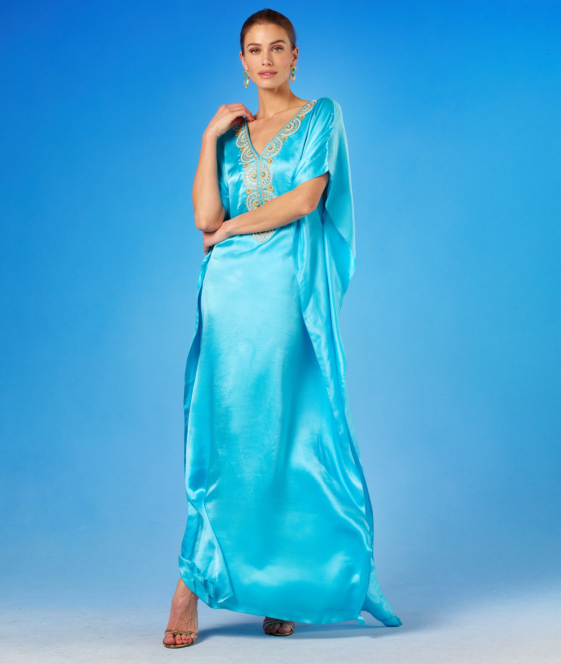 Noor Silk Kaftan in Turquoise front view