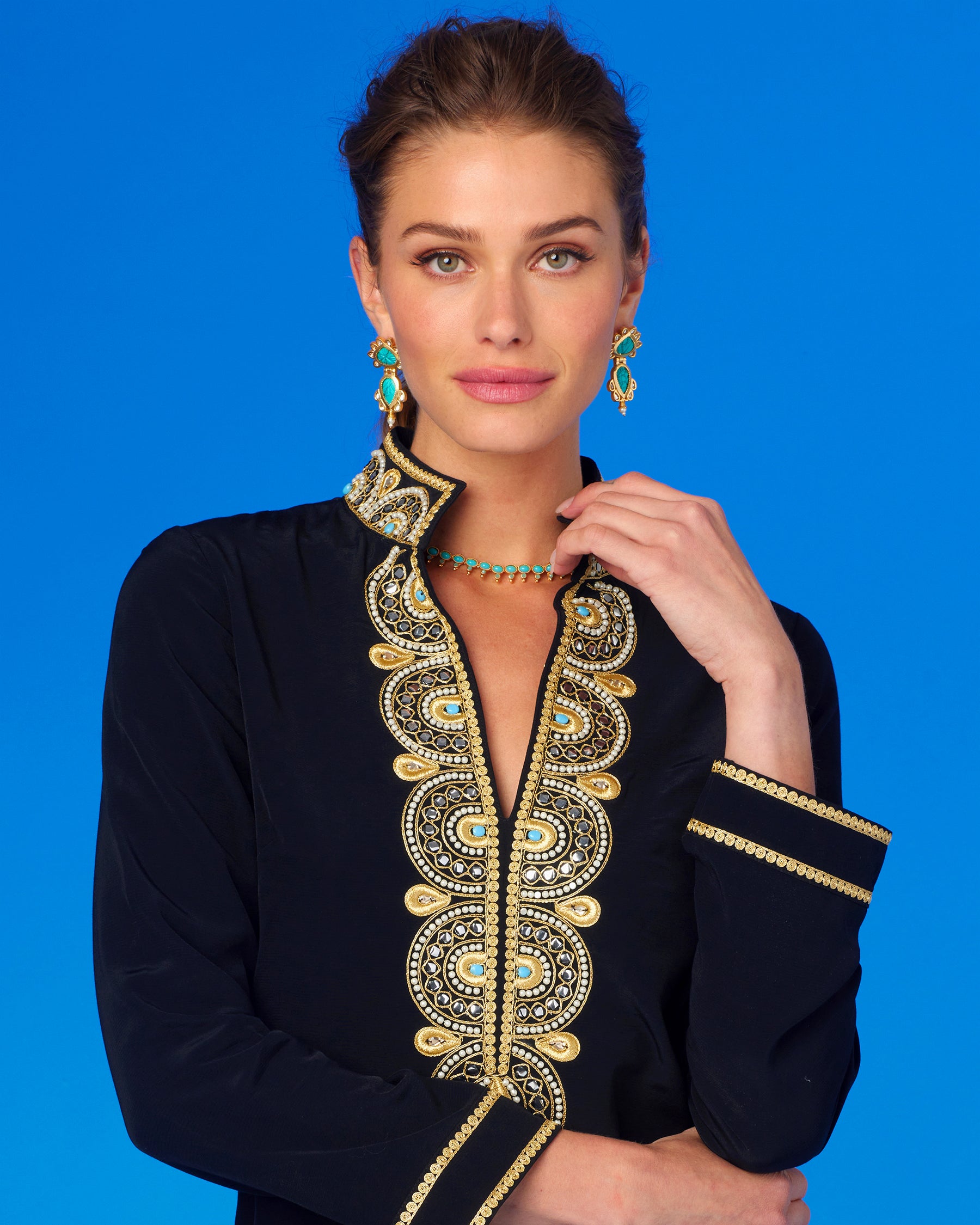 Parker Earrings in Turquoise Colored Stone-Worn wiht the Black Noor Tunic