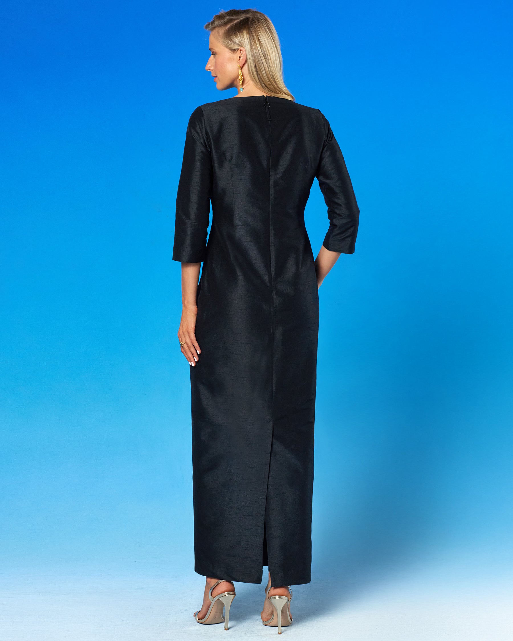 Octavia Long Dress in Black and Gold Palm Embellishment back view