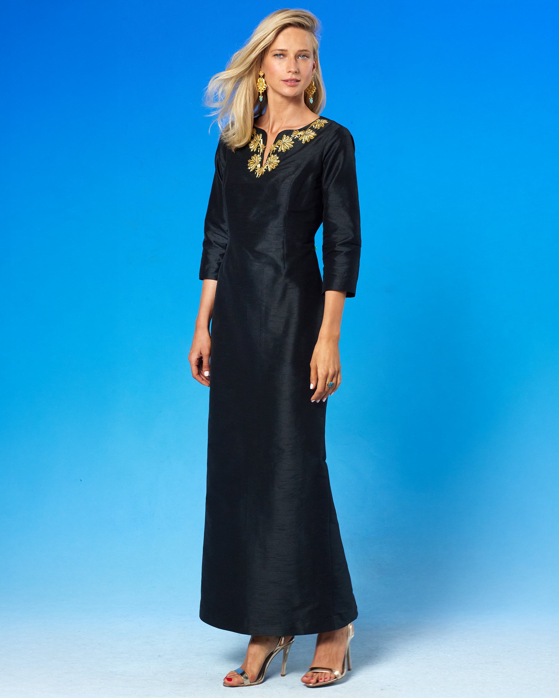 Octavia Long Dress in Black and Gold Palm Embellishment side view
