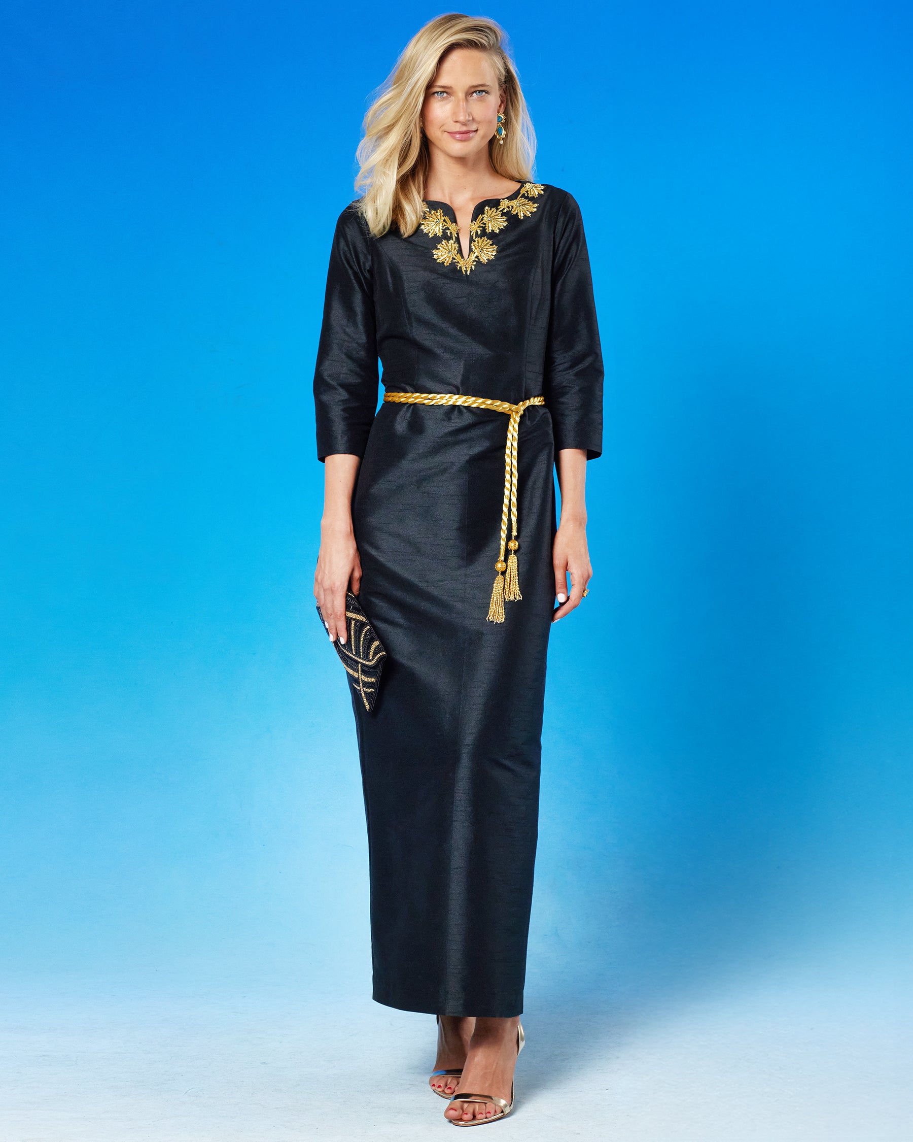 Artemis Rope Belt in Gold Beading worn with the Octavia Long Dress in Black and Gold Palm Embellishment
