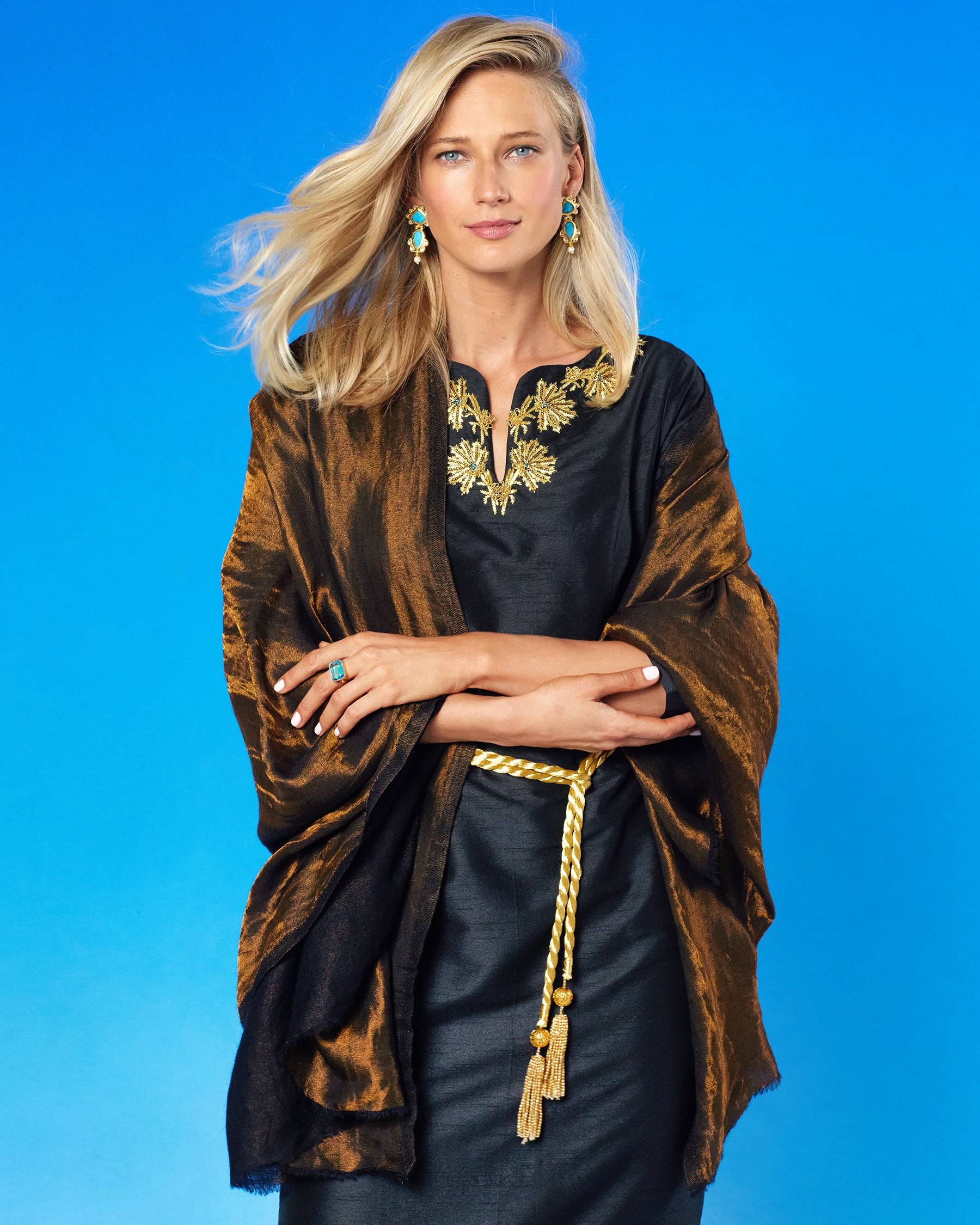 Josephine Reversible Pashmina Shawl in Bronze and Black worn with the Octavia Long Dress in Black and Gold Palm Embellishment