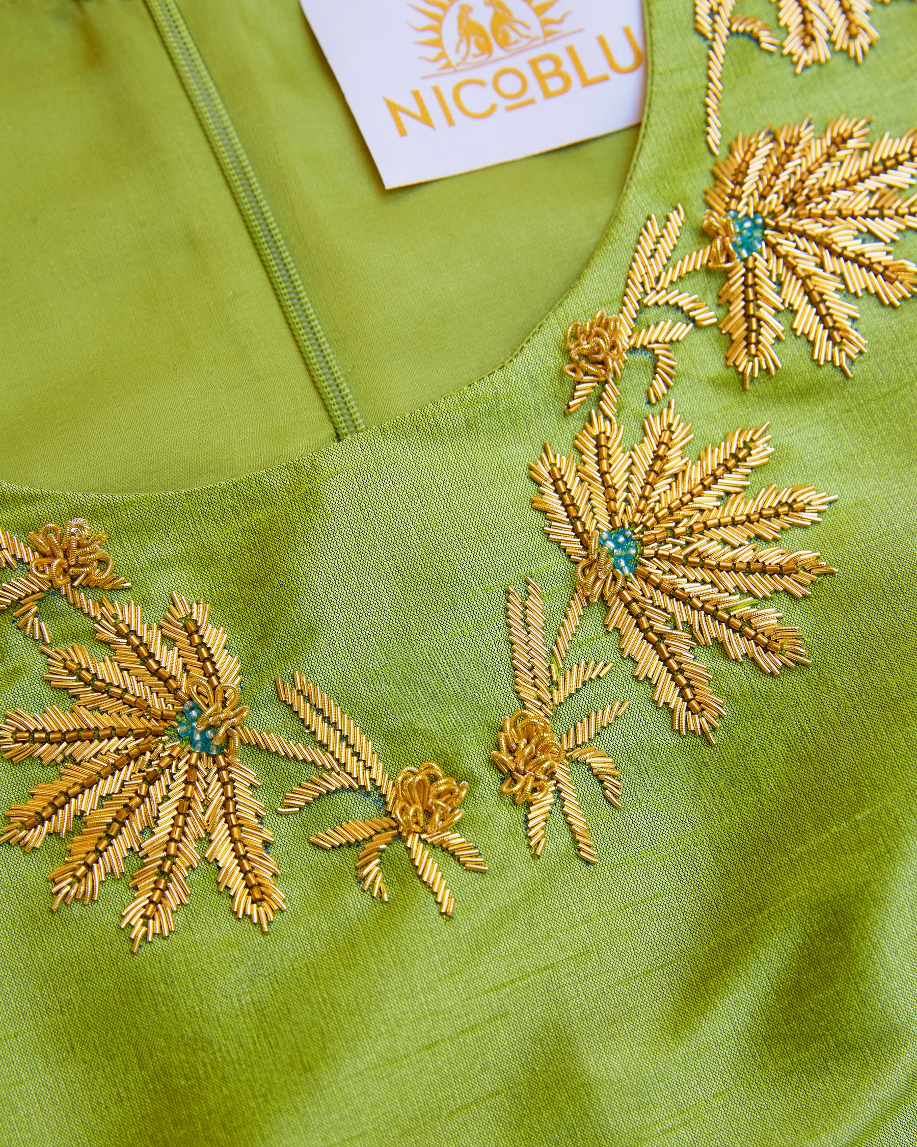Palmira Short Shift Dress in Apple Green and Gold Embellishment