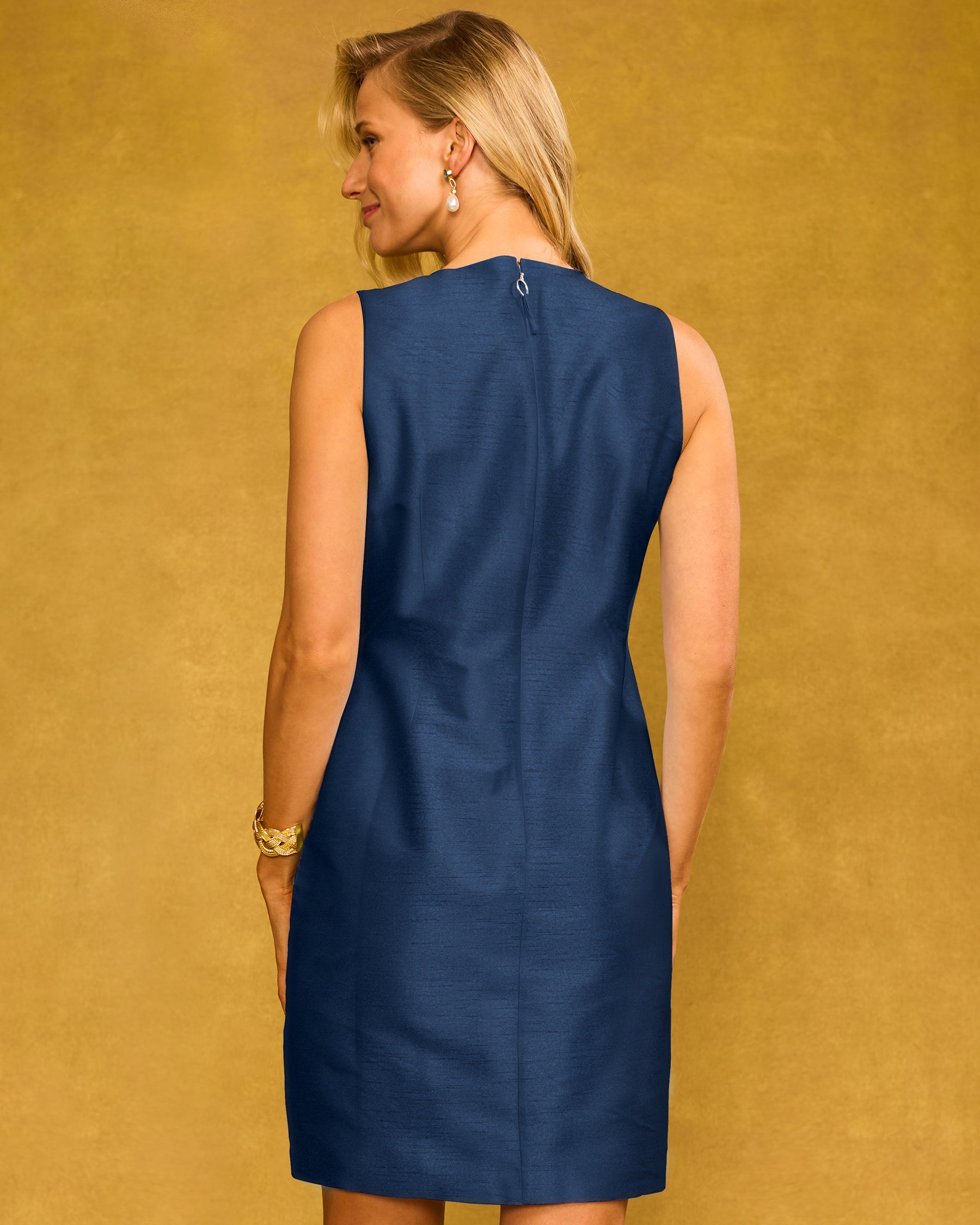 Palmira Short Shift Dress in Navy and Gold Embellishment back view