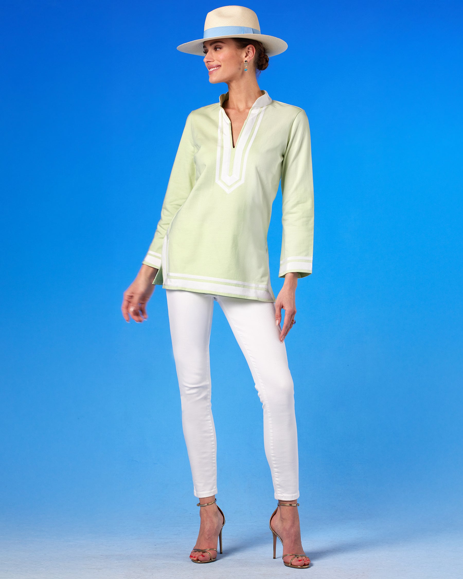 Peyton Cozy Tunic in Mint Green French Terry front view looking to the side