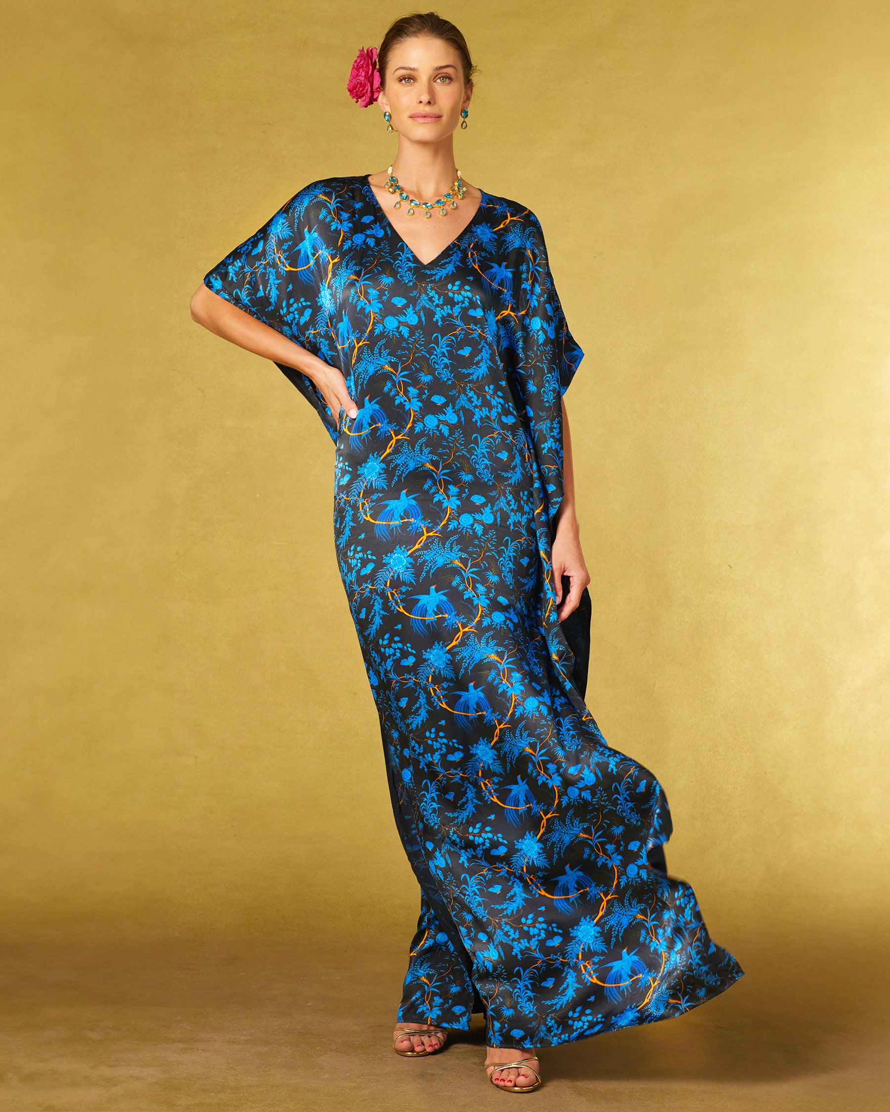 Regan Silk Kaftan in Midnight Garden-Front view