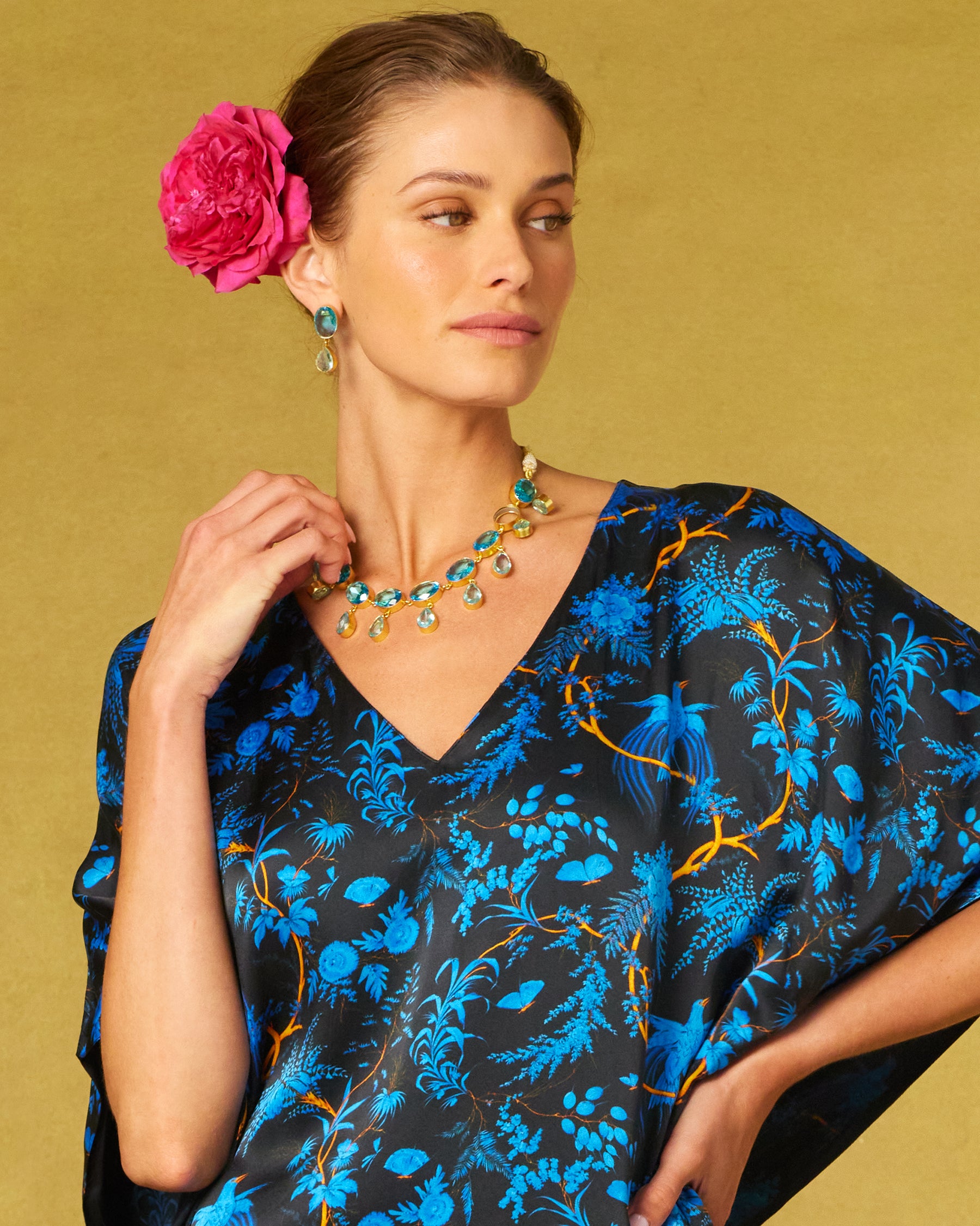 Chiara Dewdrop Earrings in Bermuda Blues worn with the Regan Silk Kaftan in Midnight Garden