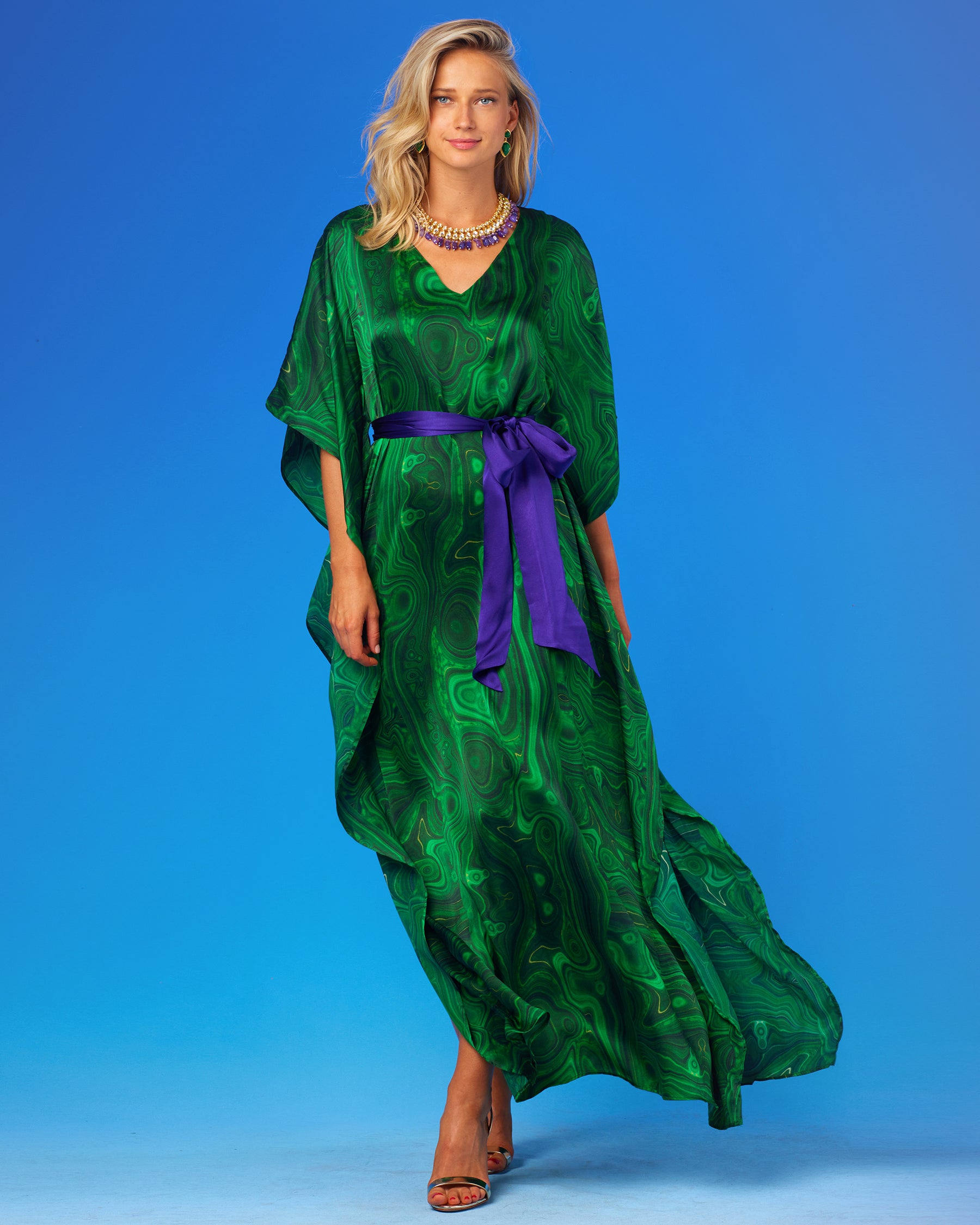 Regina Belted Silk Kaftan in Precious Malachite