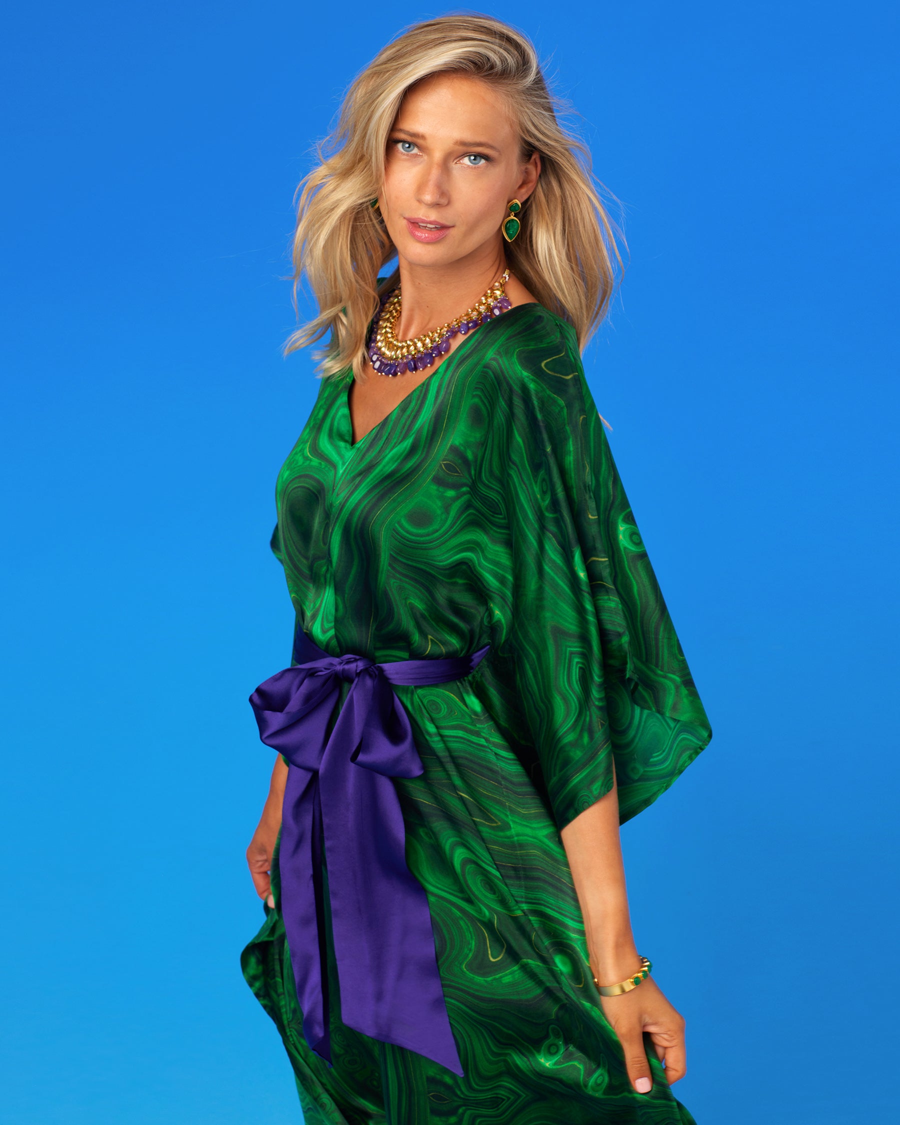 Regina Belted Silk Kaftan in Precious Malachite