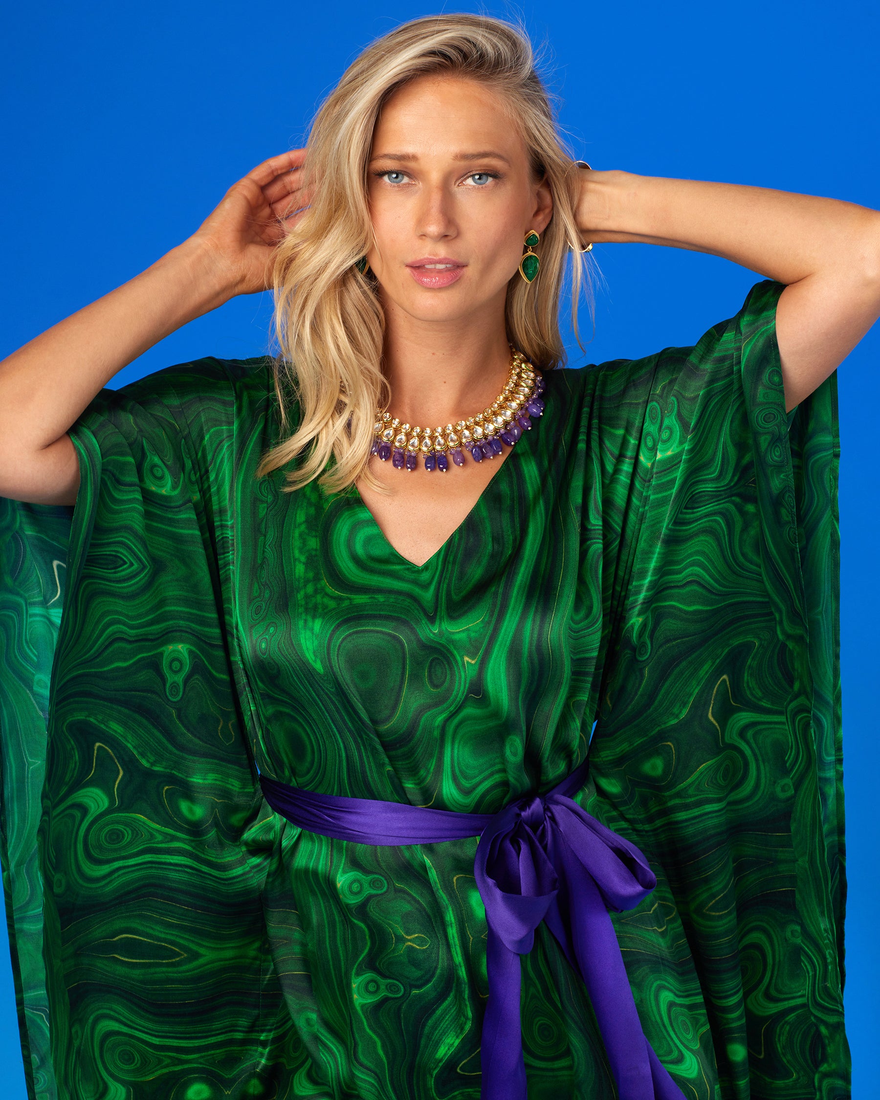 Regina Belted Silk Kaftan in Precious Malachite-Portrait