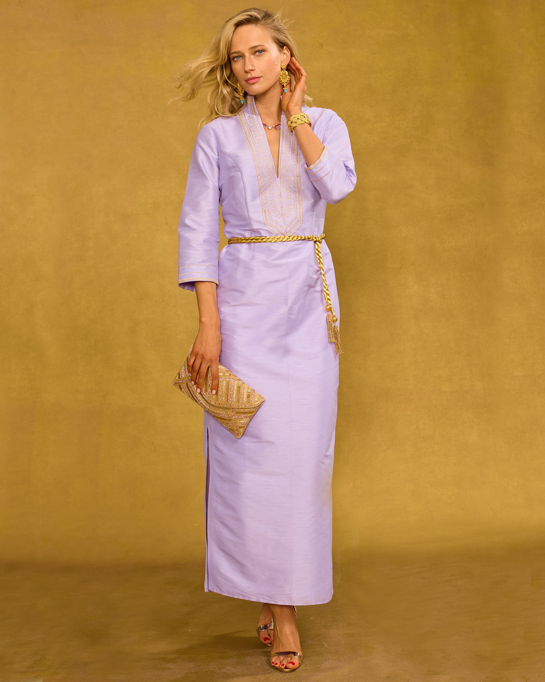 Artemis Rope Belt in Gold Beading worn with the Regine Long Tunic Dress in Lavender and Gold Embroidery