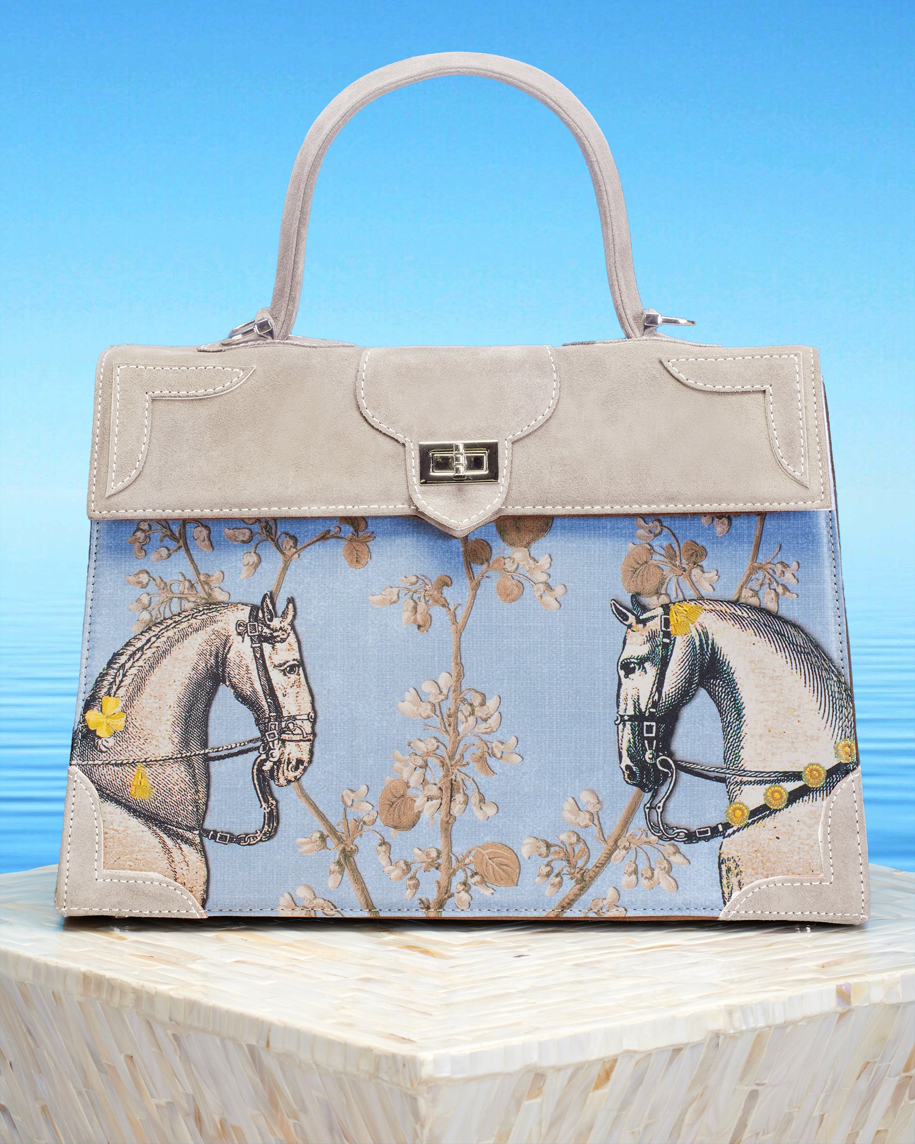 Marquise Paris Recontre Équestre Top Handle Shoulder Bag in Blue Taupe-Front view