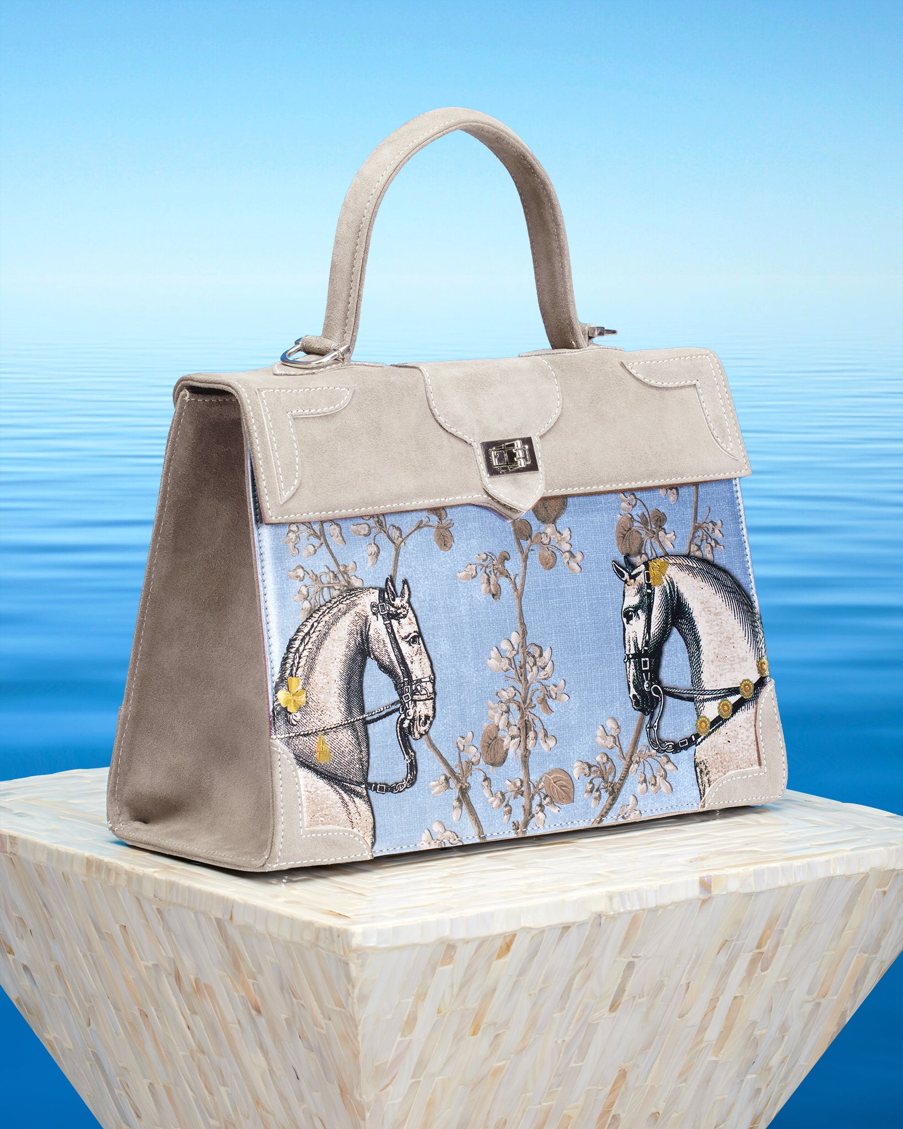 Marquise Paris Recontre Équestre Top Handle Shoulder Bag in Blue Taupe-Side View