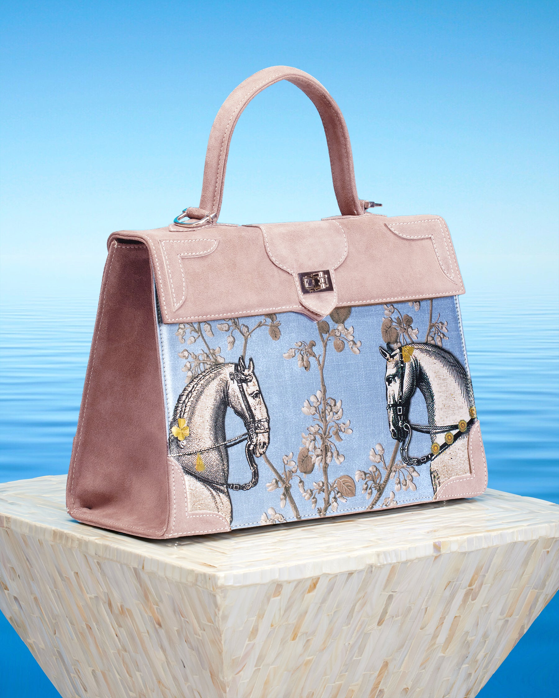 Marquise Paris Recontre Équestre Top Handle Shoulder Bag in Pastel Pink-Three Quarter View