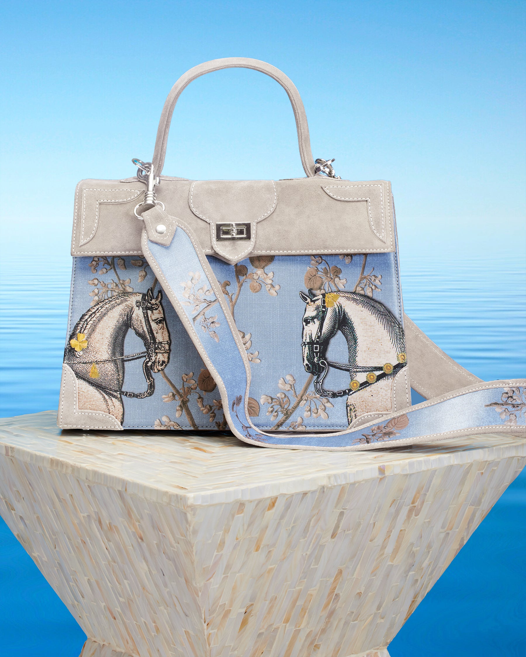 Marquise Paris Recontre Équestre Top Handle Shoulder Bag in Blue Taupe-With Strap