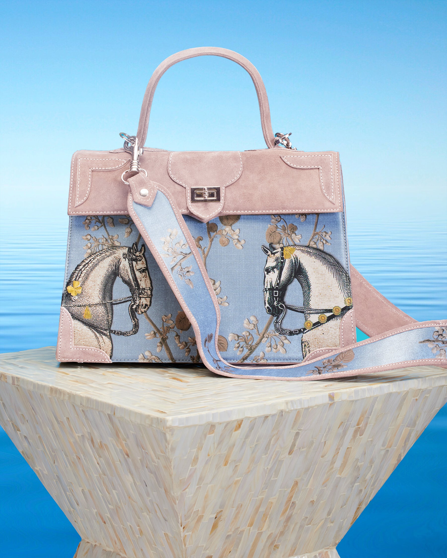 Marquise Paris Recontre Équestre Top Handle Shoulder Bag in Pastel Pink-Front View with Shoulder Strap