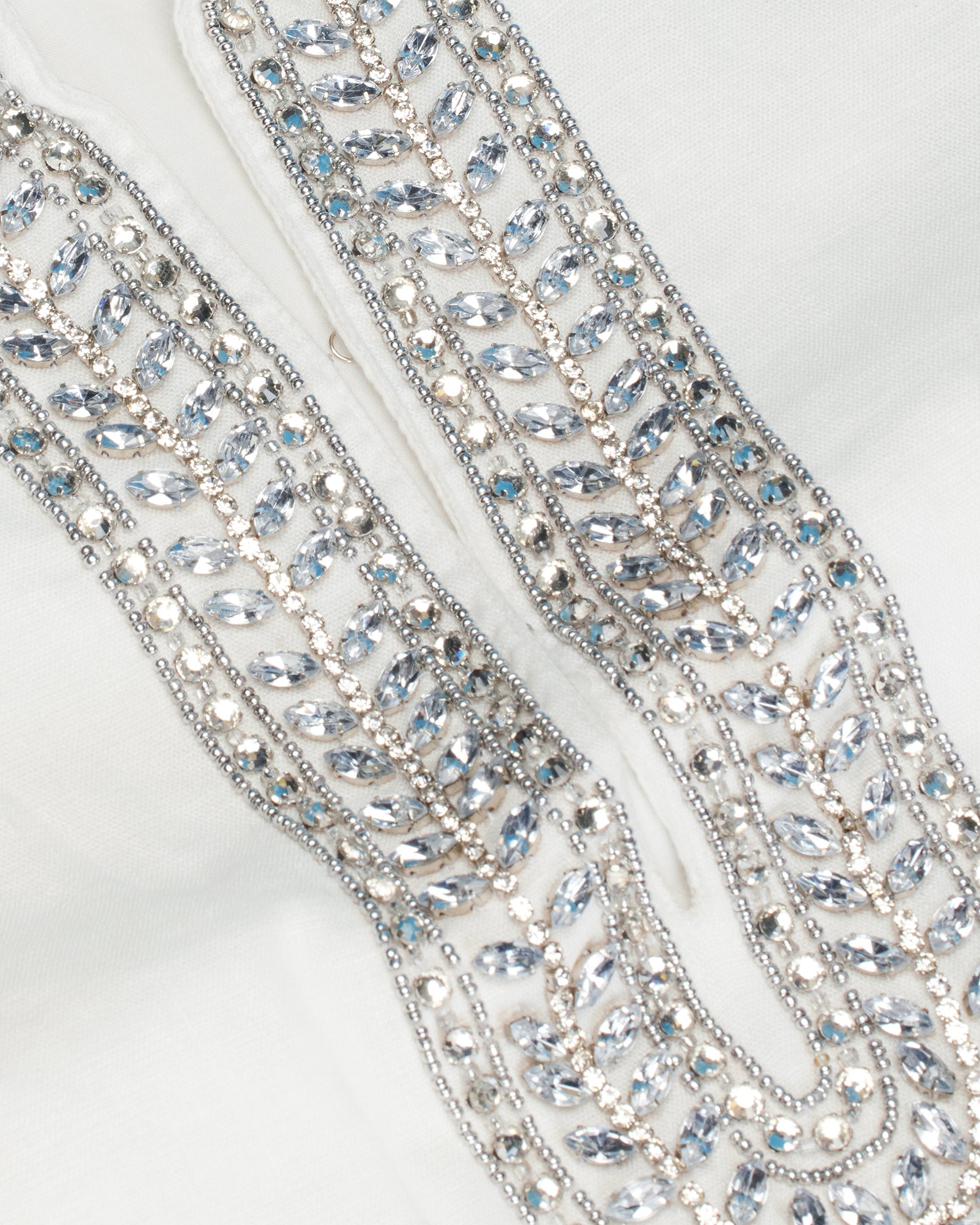 Georgiana Tunic in Soft White Linen and Laurel Embellishment-Detail of Embellished Neckline