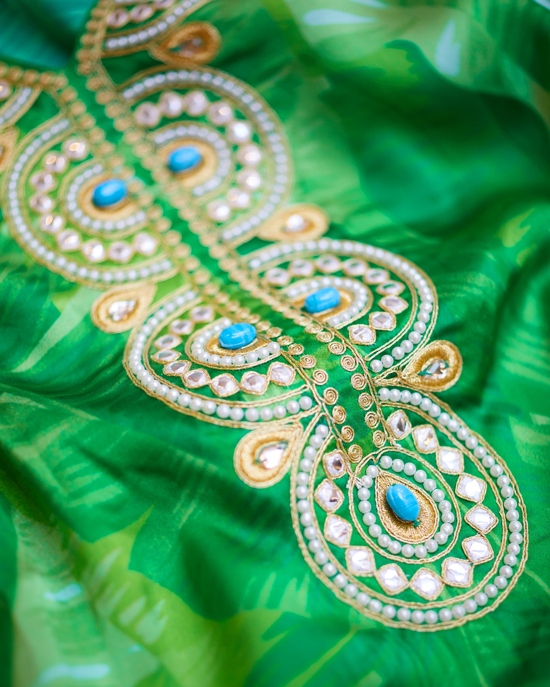 Schuyler Silk Kaftan in Palms and Gold Embellishment-Detail of embellishment