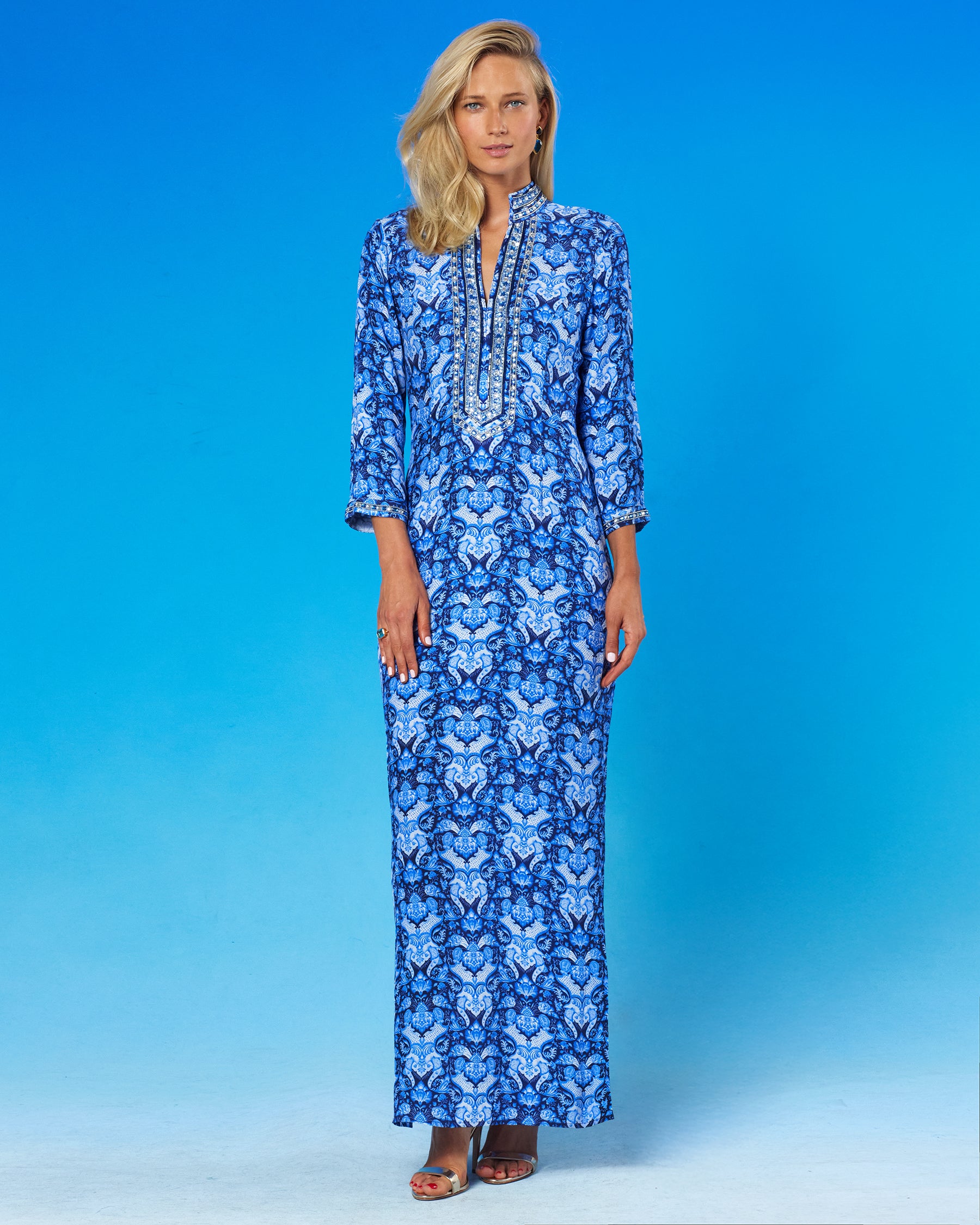 Shalimar Long Tunic Dress with Navy Jewel Embellishment front full view