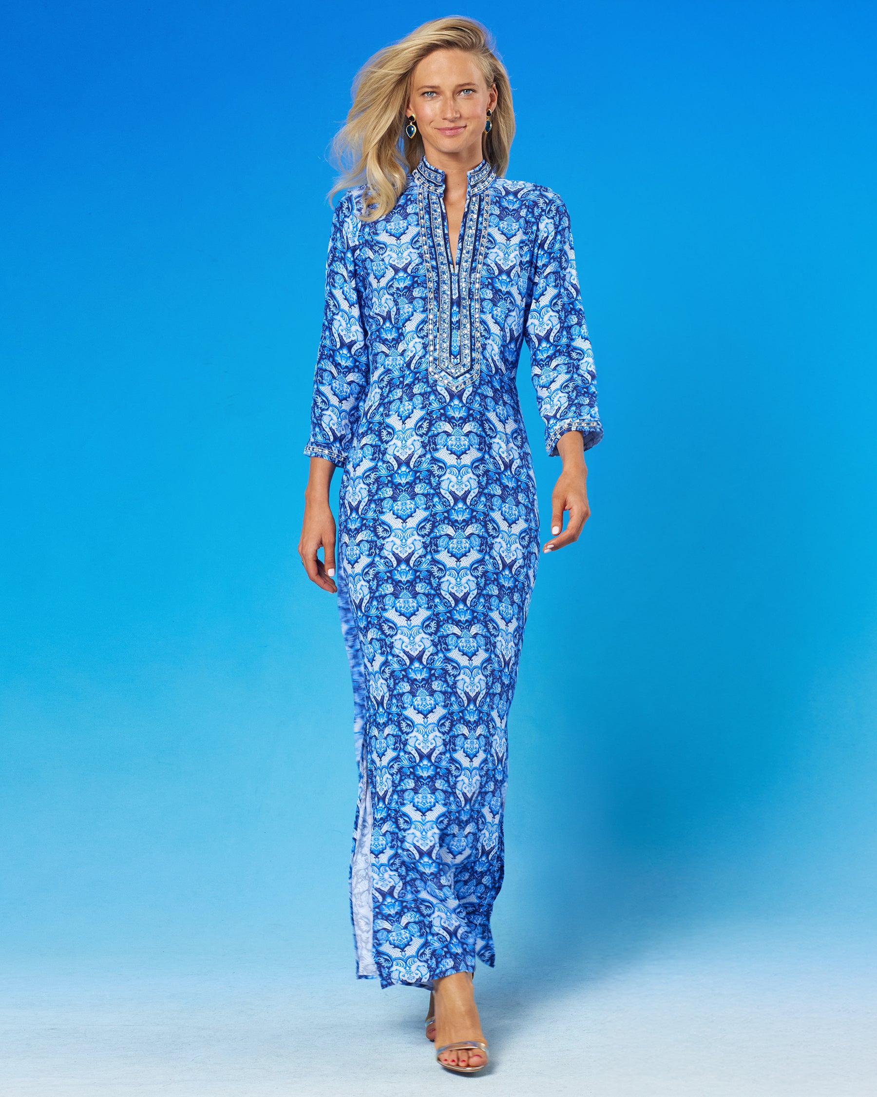 Shalimar Long Tunic Dress with Navy Jewel Embellishment front walking