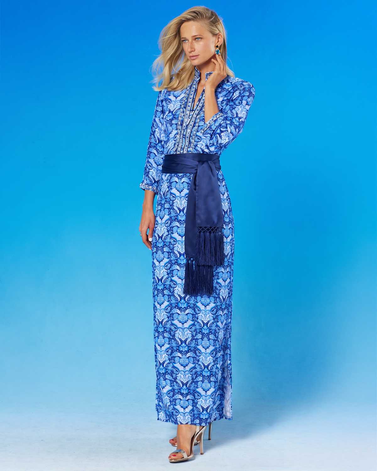 Shalimar Long Tunic Dress in Navy Jewel Embellishment