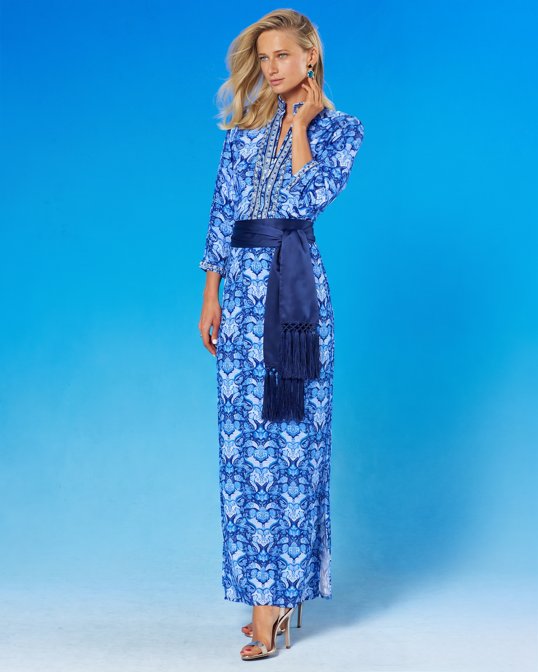 The Shalimar Long Tunic Dress in Navy Jewel Embellishment worn with the Cosima Sash Belt in Navy