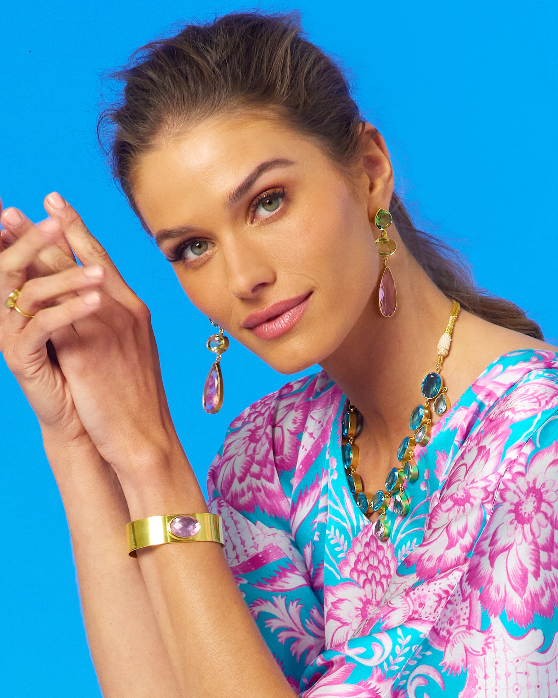 Shalimar Silk Kaftan in Pink and Blue-portrait view