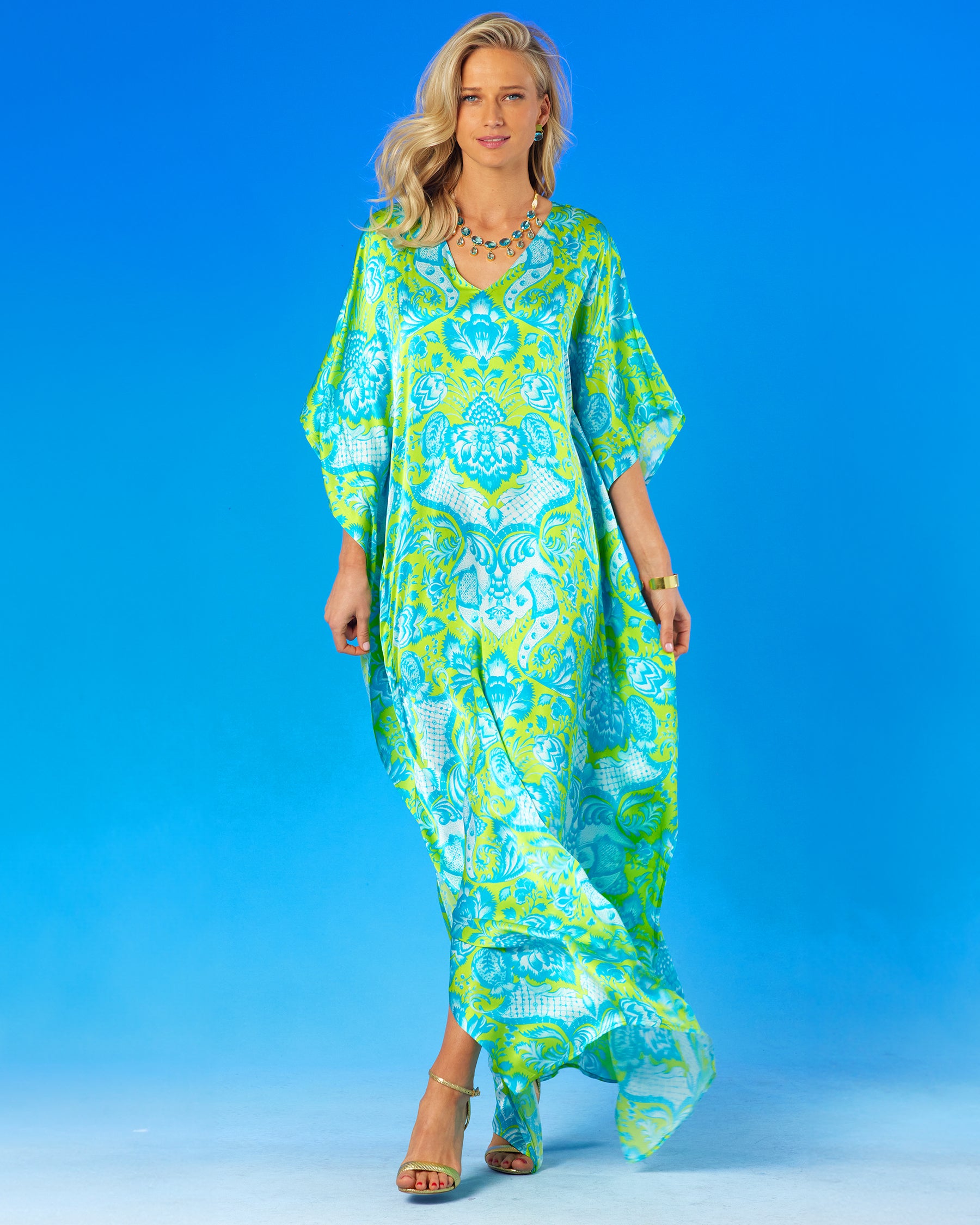 Shalimar Silk Kaftan in Turquoise and Lime-full frontal view walking