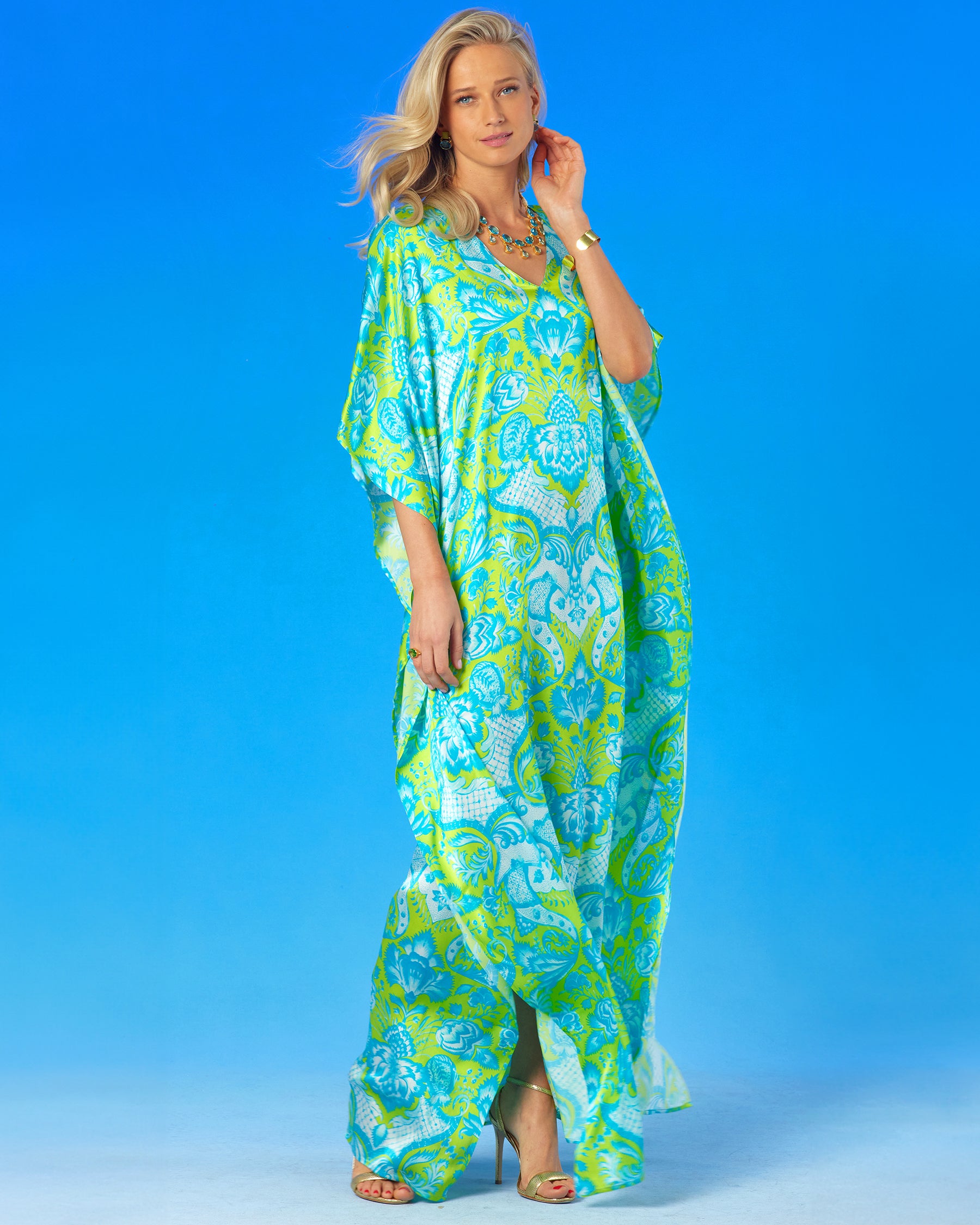 Shalimar Silk Kaftan in Turquoise and Lime-Side view