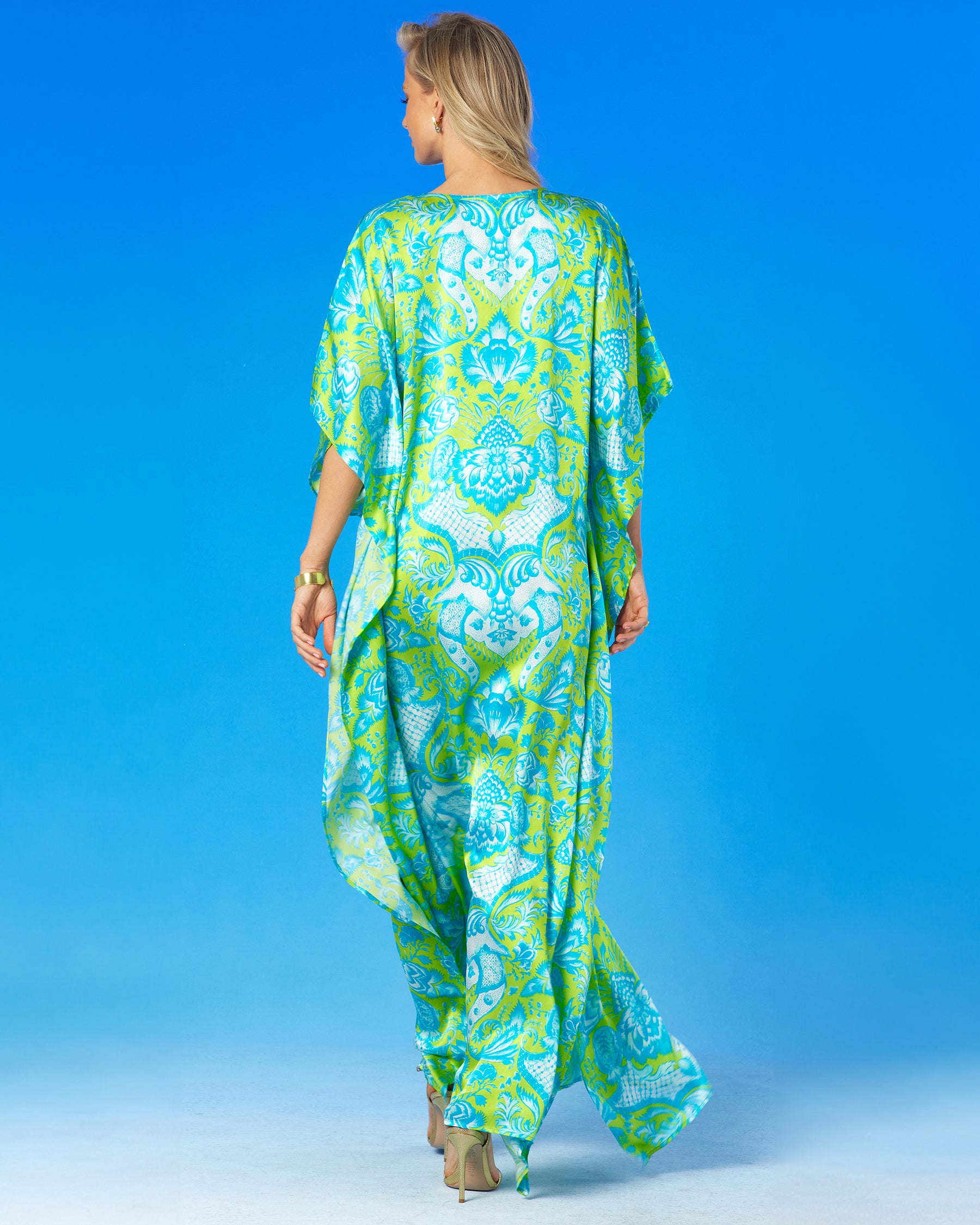 Shalimar Silk Kaftan in Turquoise and Lime-back view