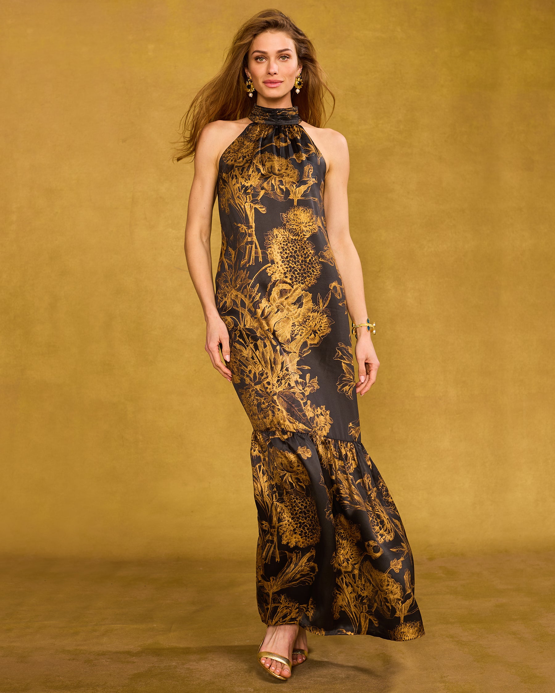 Valentina Halterneck Long Silk Dress in Black and Gold without belt