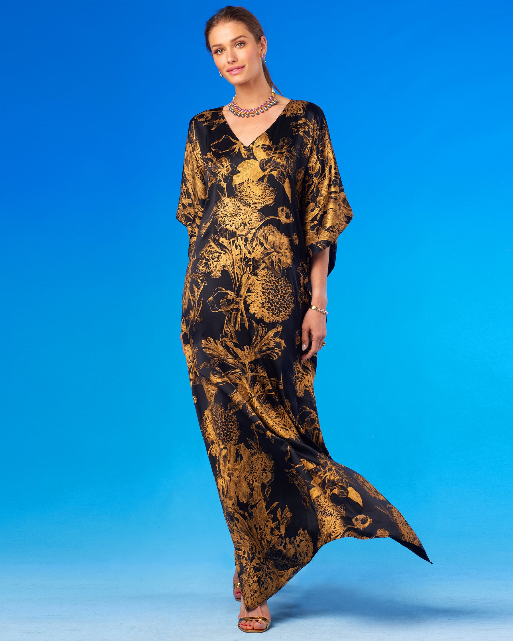 Shireen Black Silk Kaftan in Bronze Gold Floral Toile-Front View