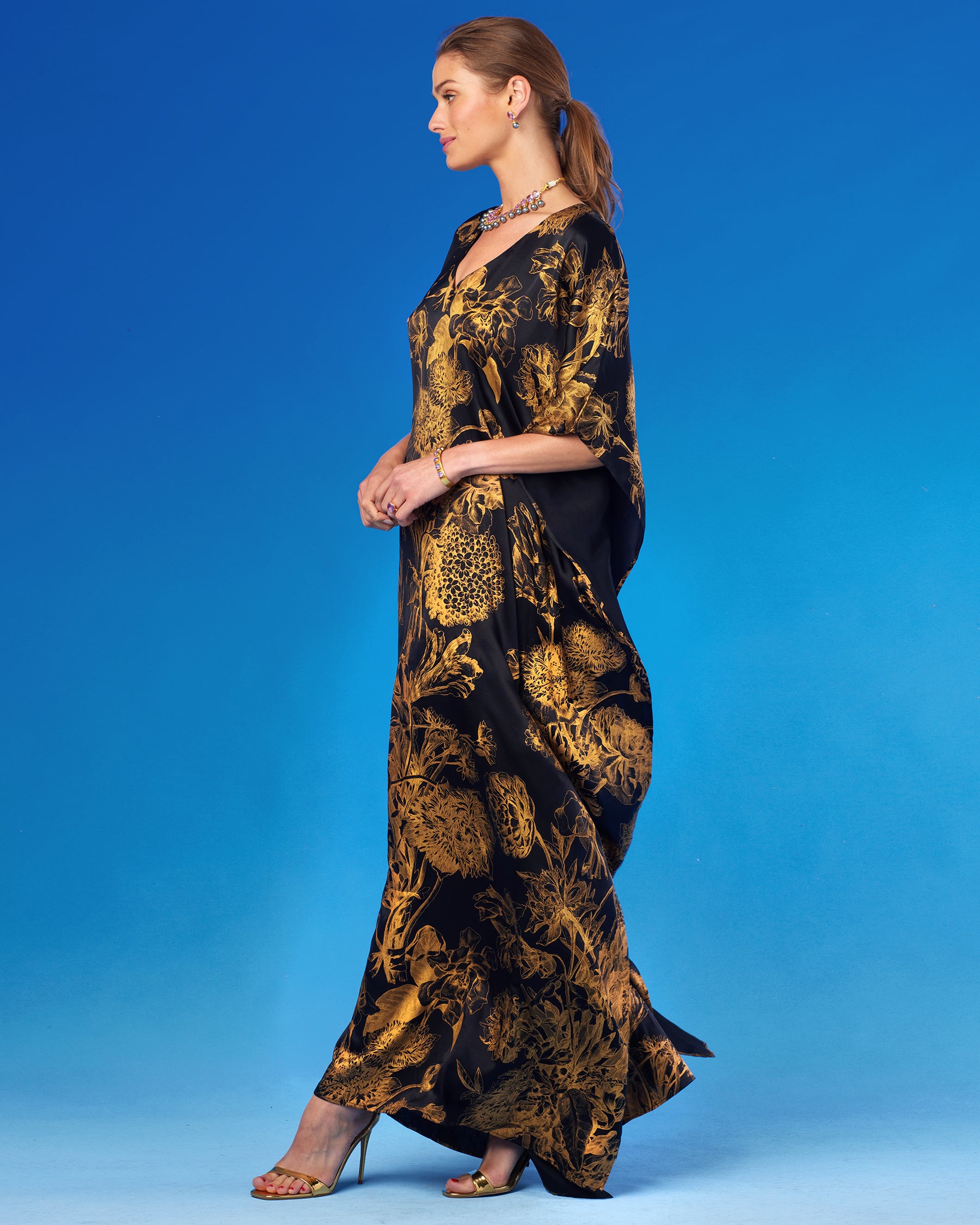 Shireen Black Silk Kaftan in Gold Floral Toile-Side View