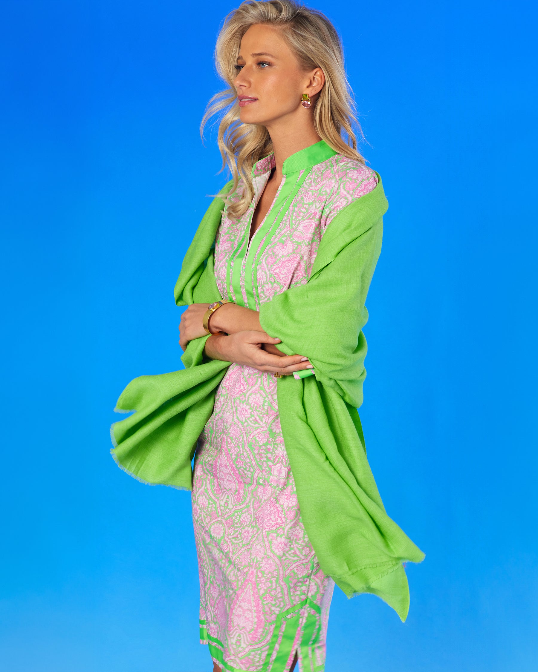 Capri Short Tunic Dress in Pink and Mint Julep Green Paisley with Josephine Pashmina Shawl in Lime closeup view