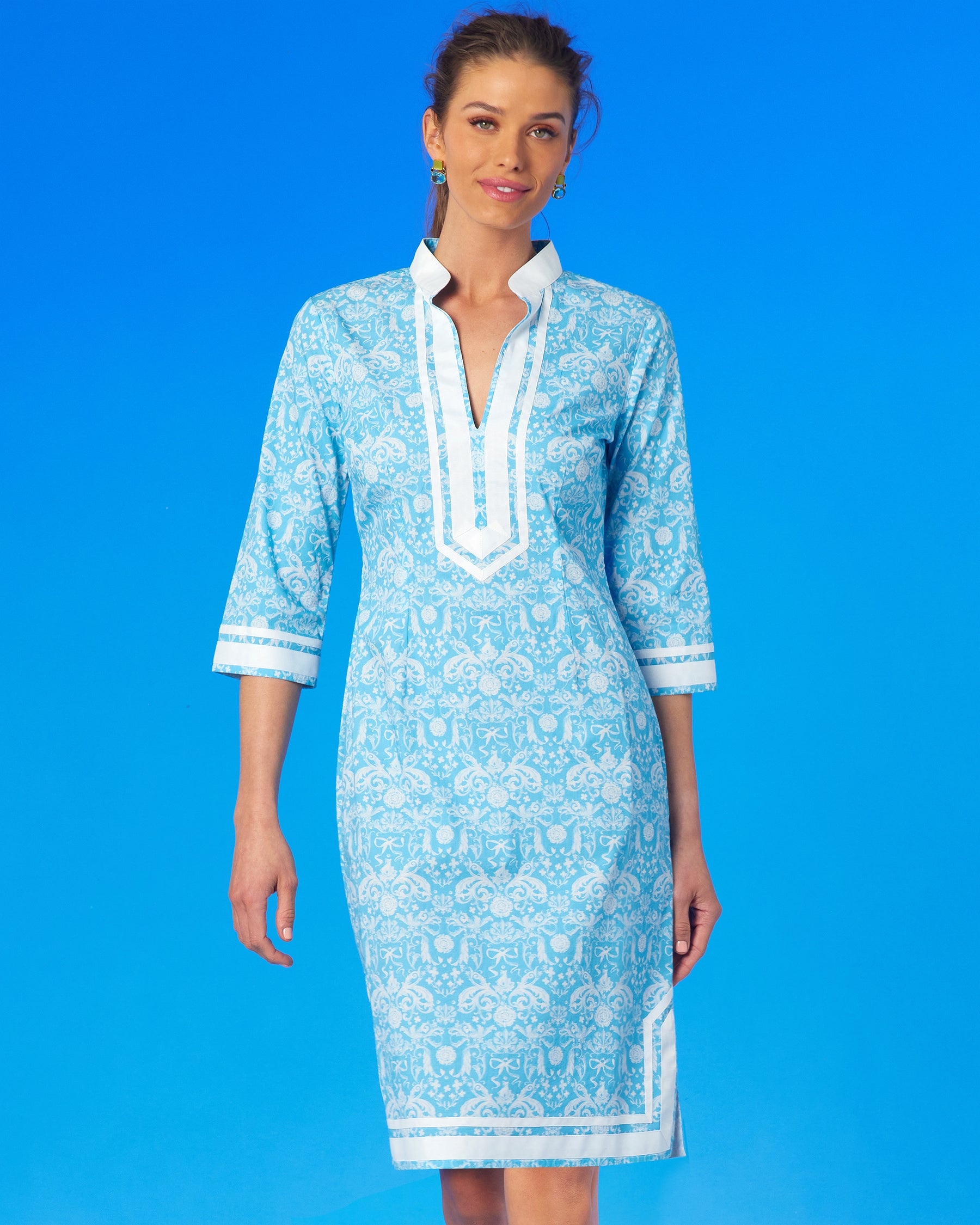Capri Short Tunic Dress in Regency Porcelain Ribbons-closer full frontal view