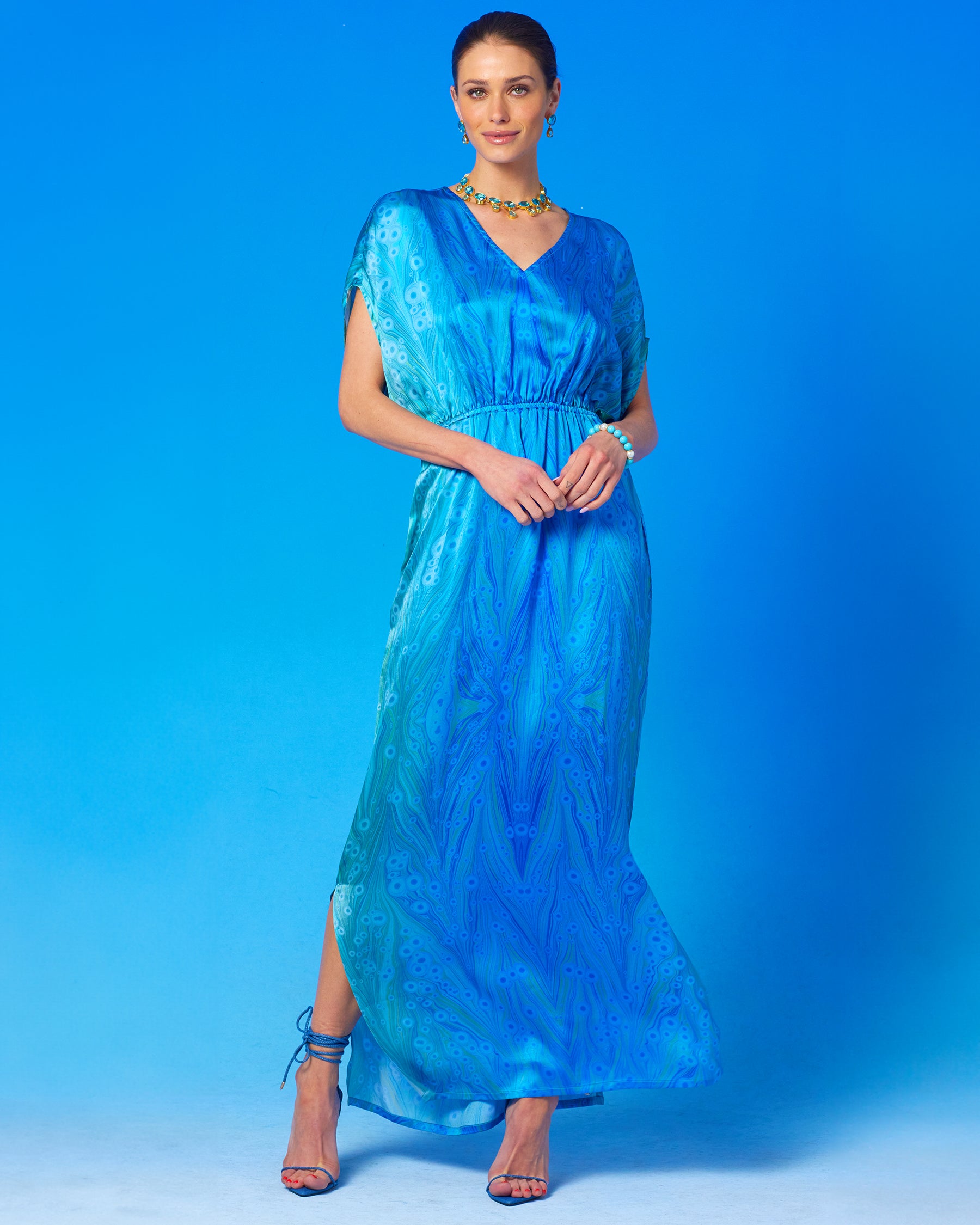 Calliope Long Silk Dress in Sea Nymph Blues front view
