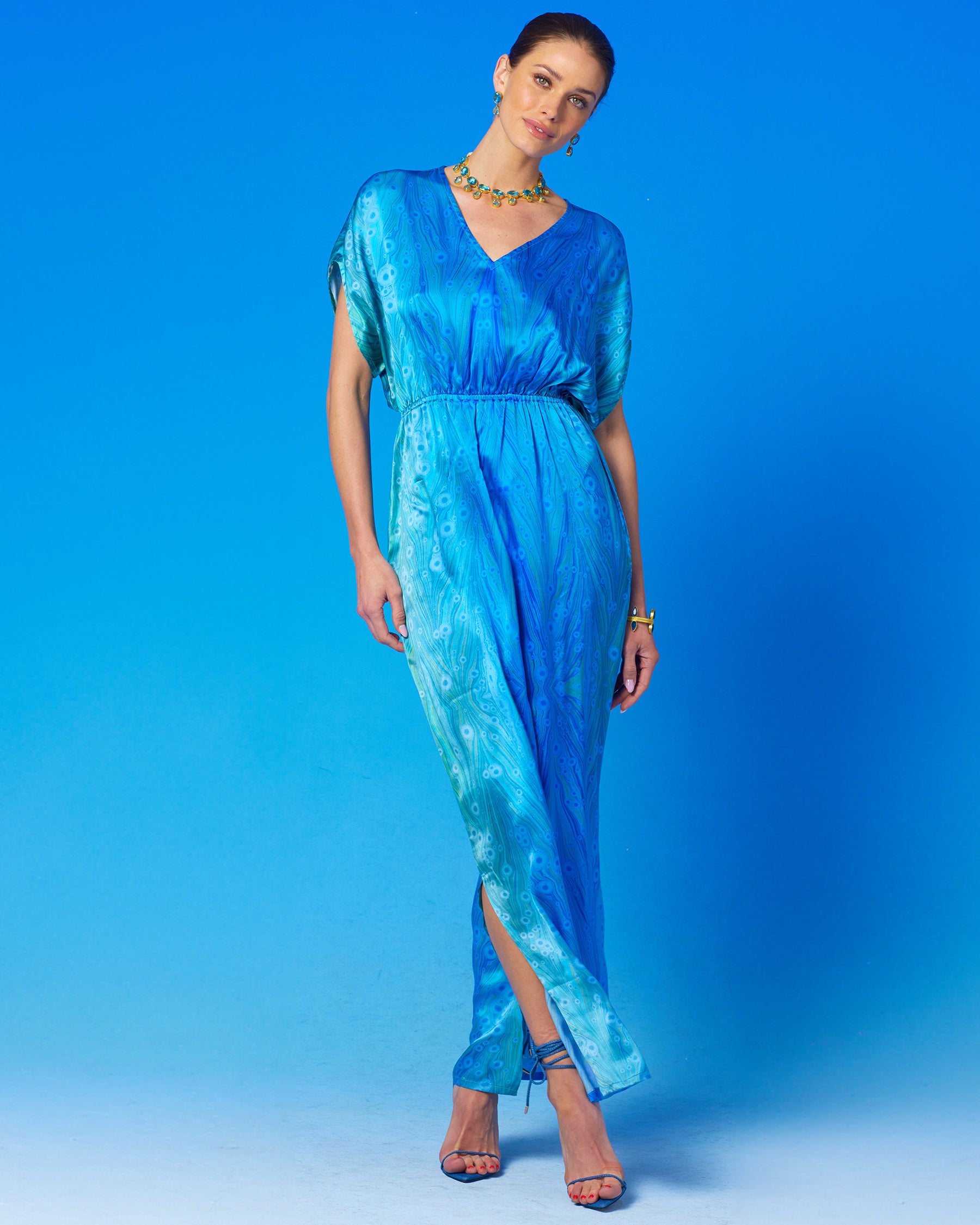 Calliope Long Silk Dress in Sea Nymph Blues front view