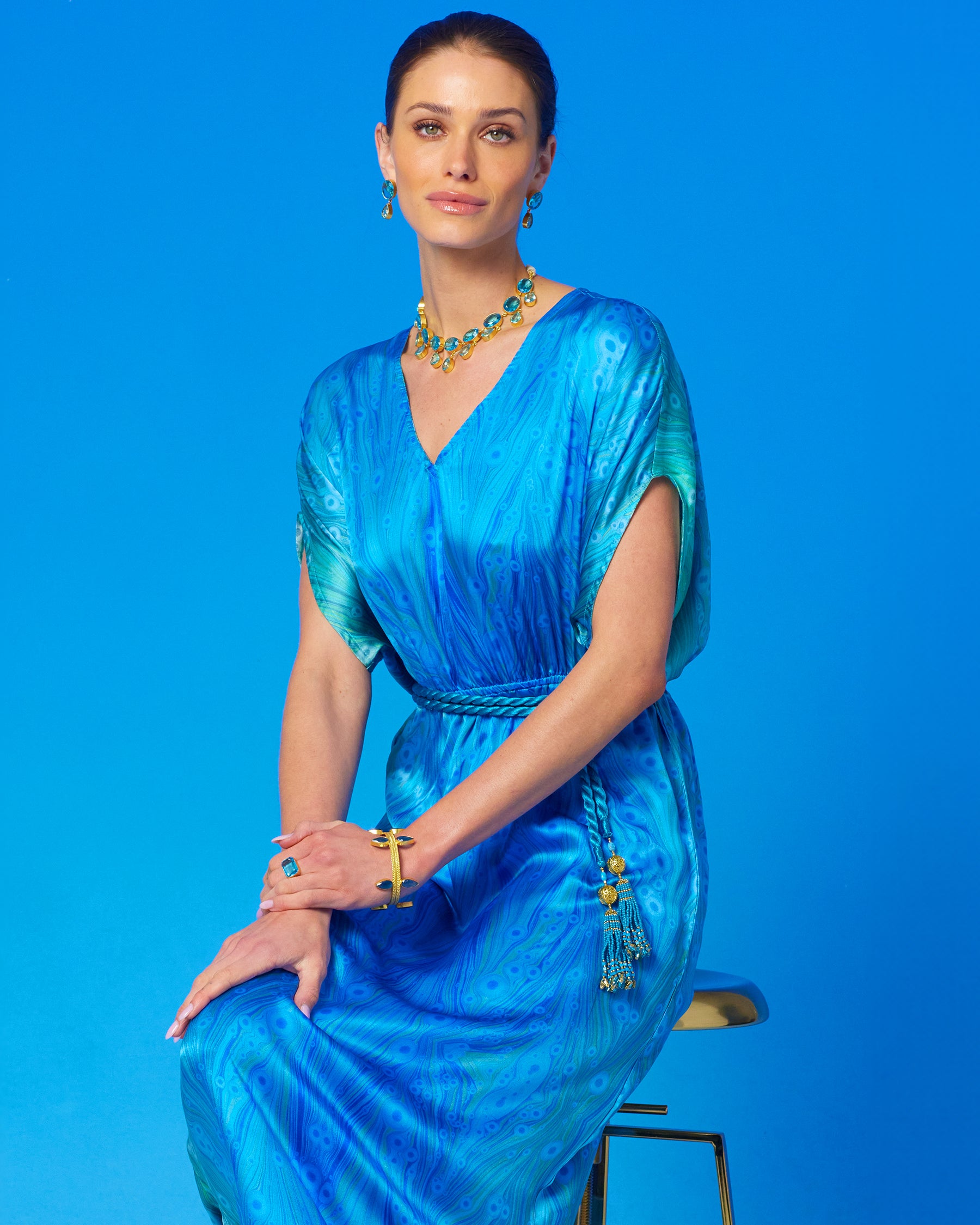 Chiara Dewdrop Necklace in Bermuda Blues worn with the Calliope Long Silk Dress