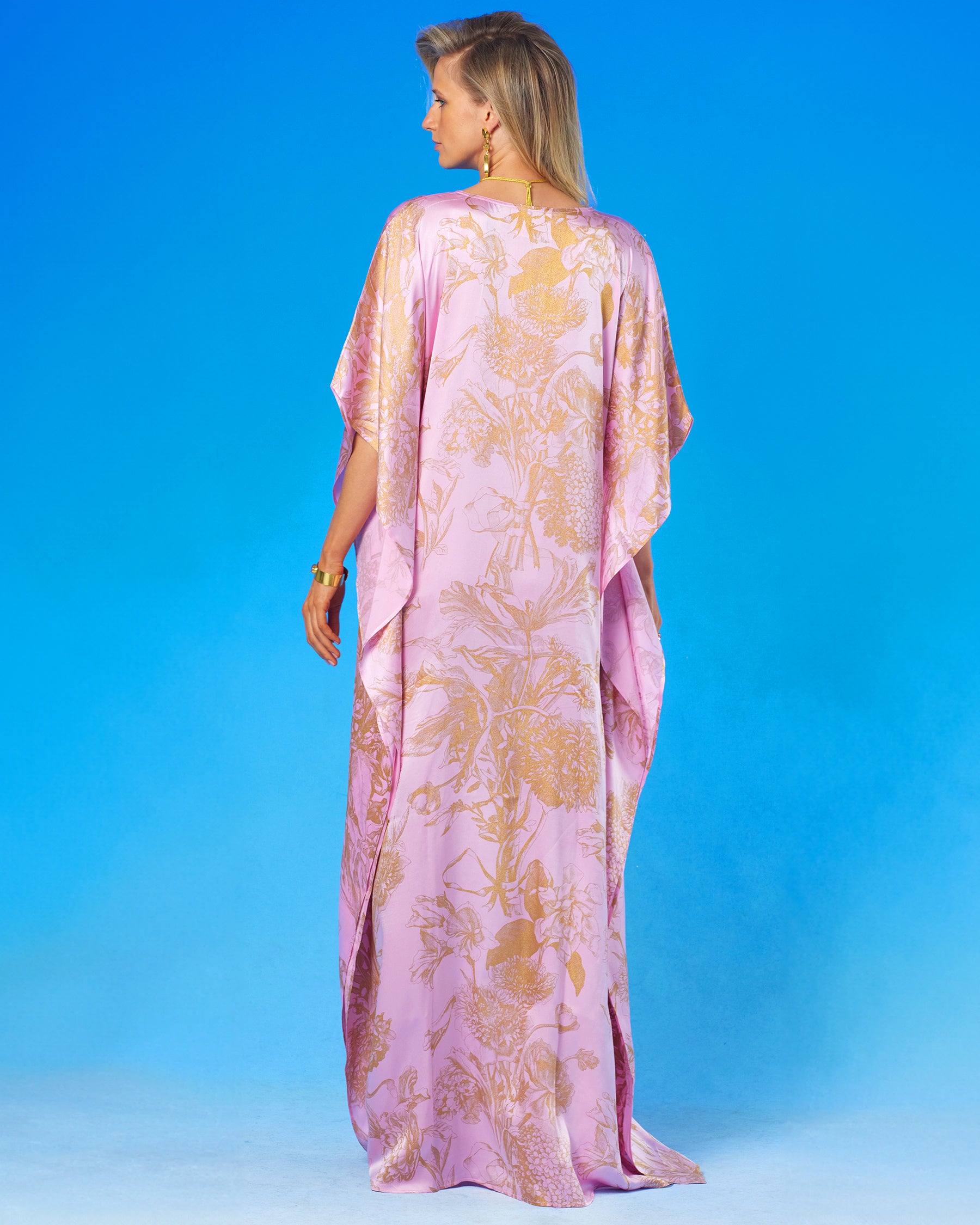 Rosalie Blush Pink Silk Kaftan in Gold Floral Toile-Back View