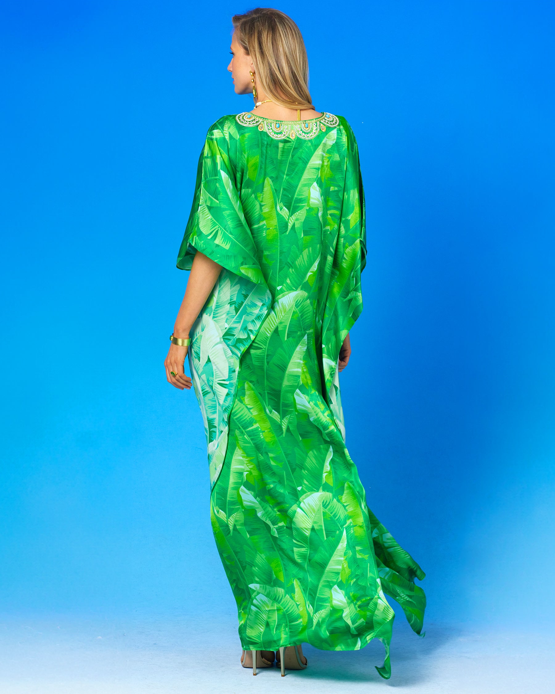 Schuyler Silk Kaftan in Palms and Gold Embellishment-Back view