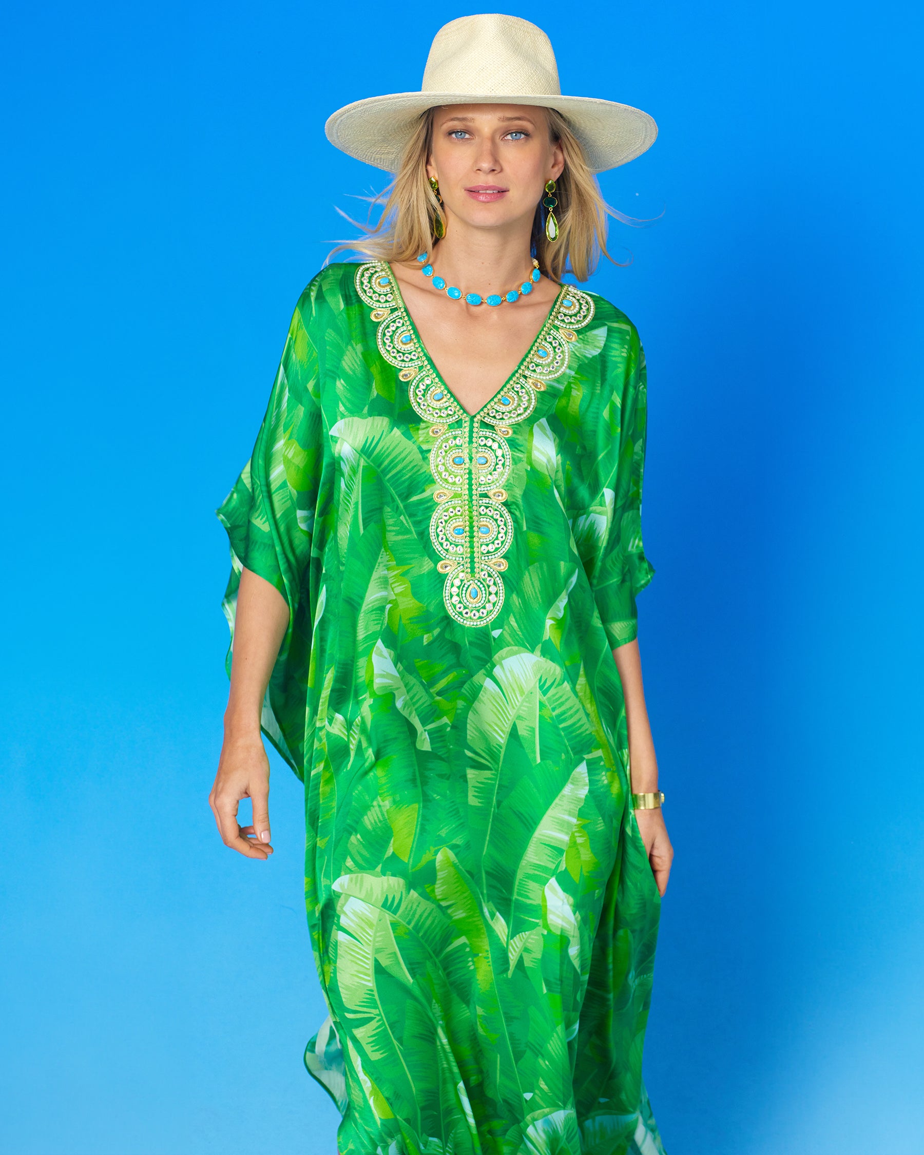 Schuyler Silk Kaftan in Palms and Gold Embellishment-Portrait