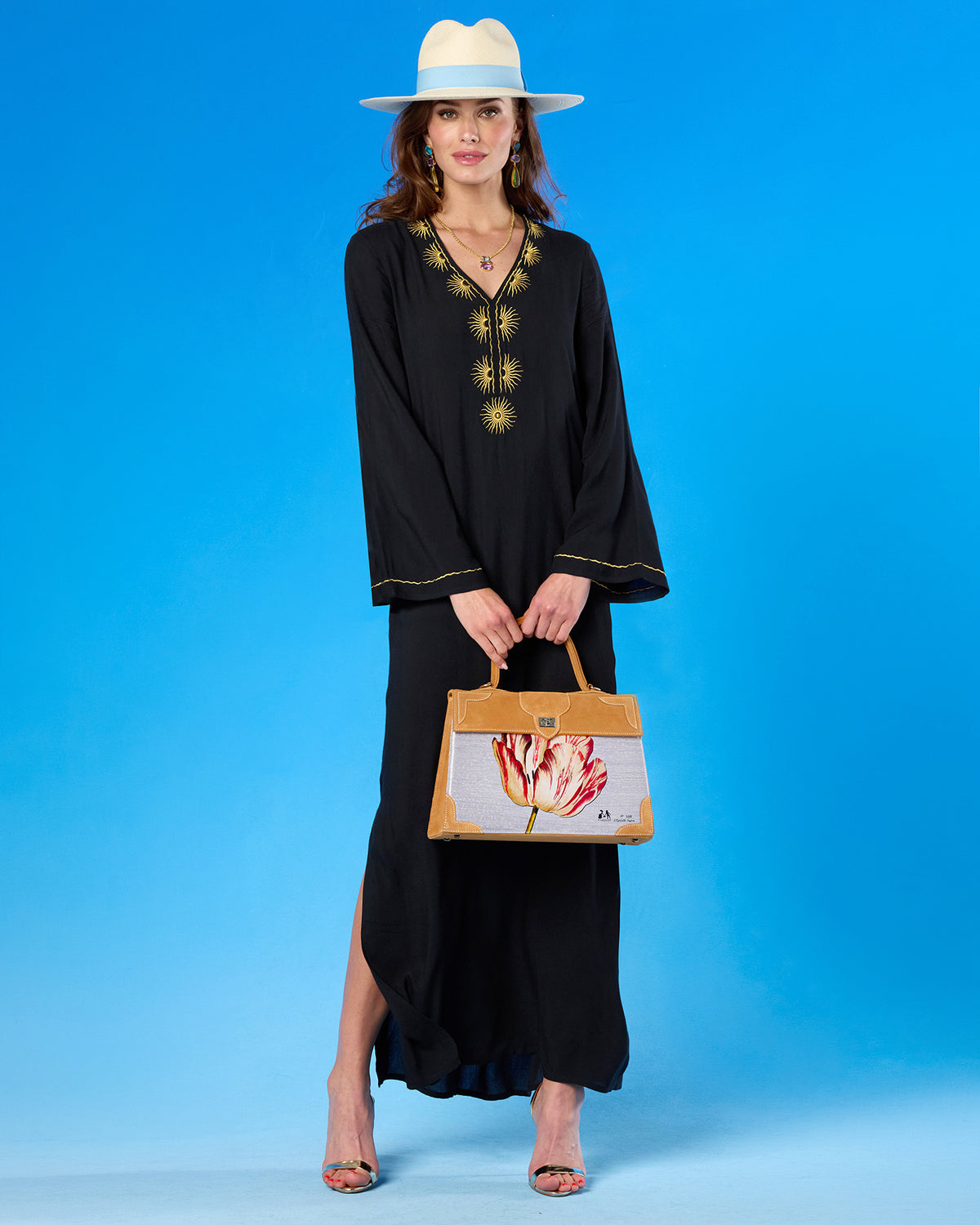 Soleil Long Kaftan Coverup Dress and in Black and Gold Embroidery