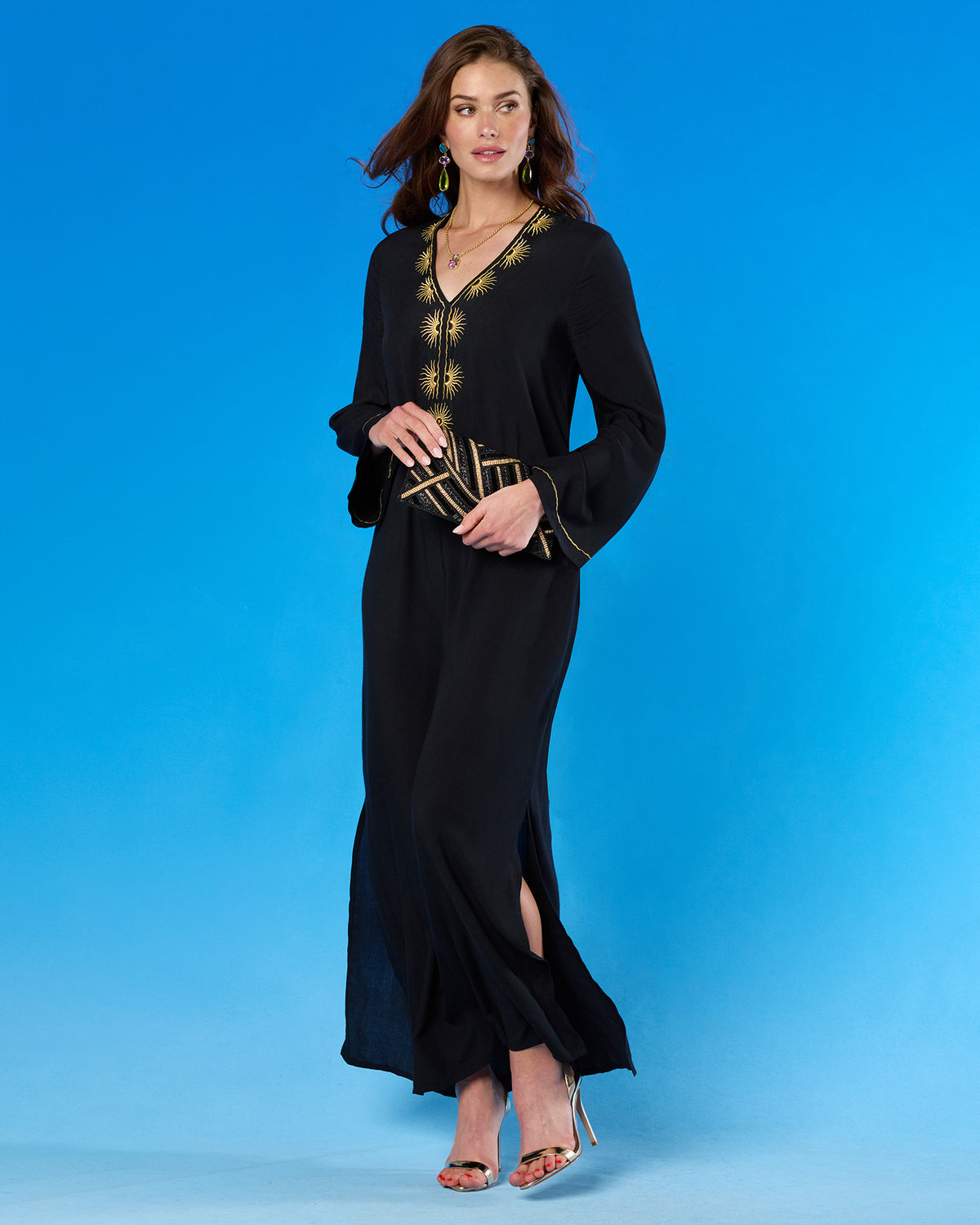 Soleil Long Kaftan Coverup Dress and in Black and Gold Embroidery