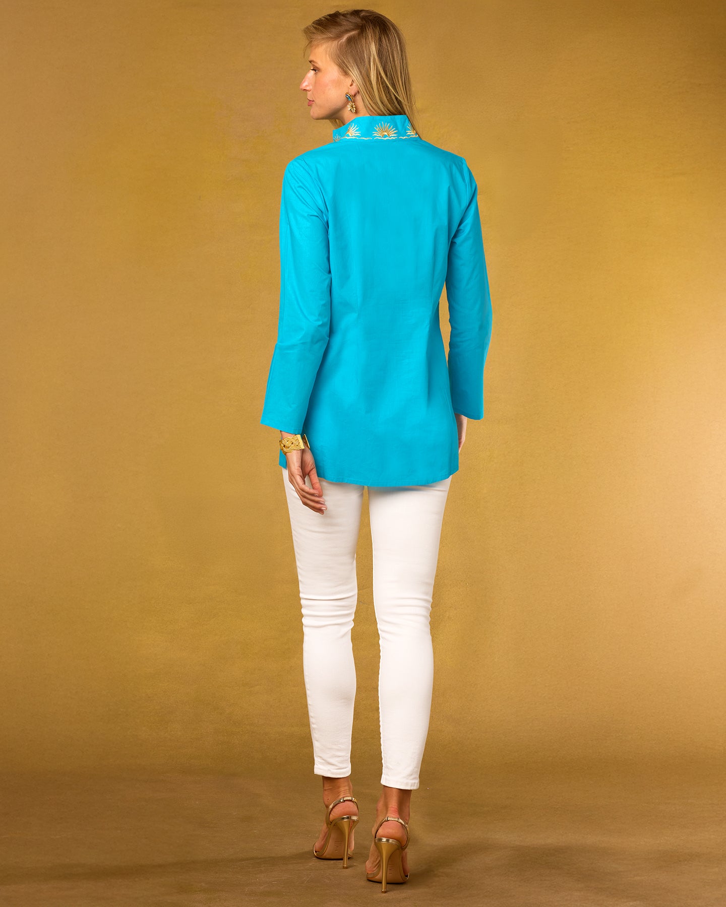 Soleil Tunic in Imperial Blue and Gold Sunburst Embellishment back view